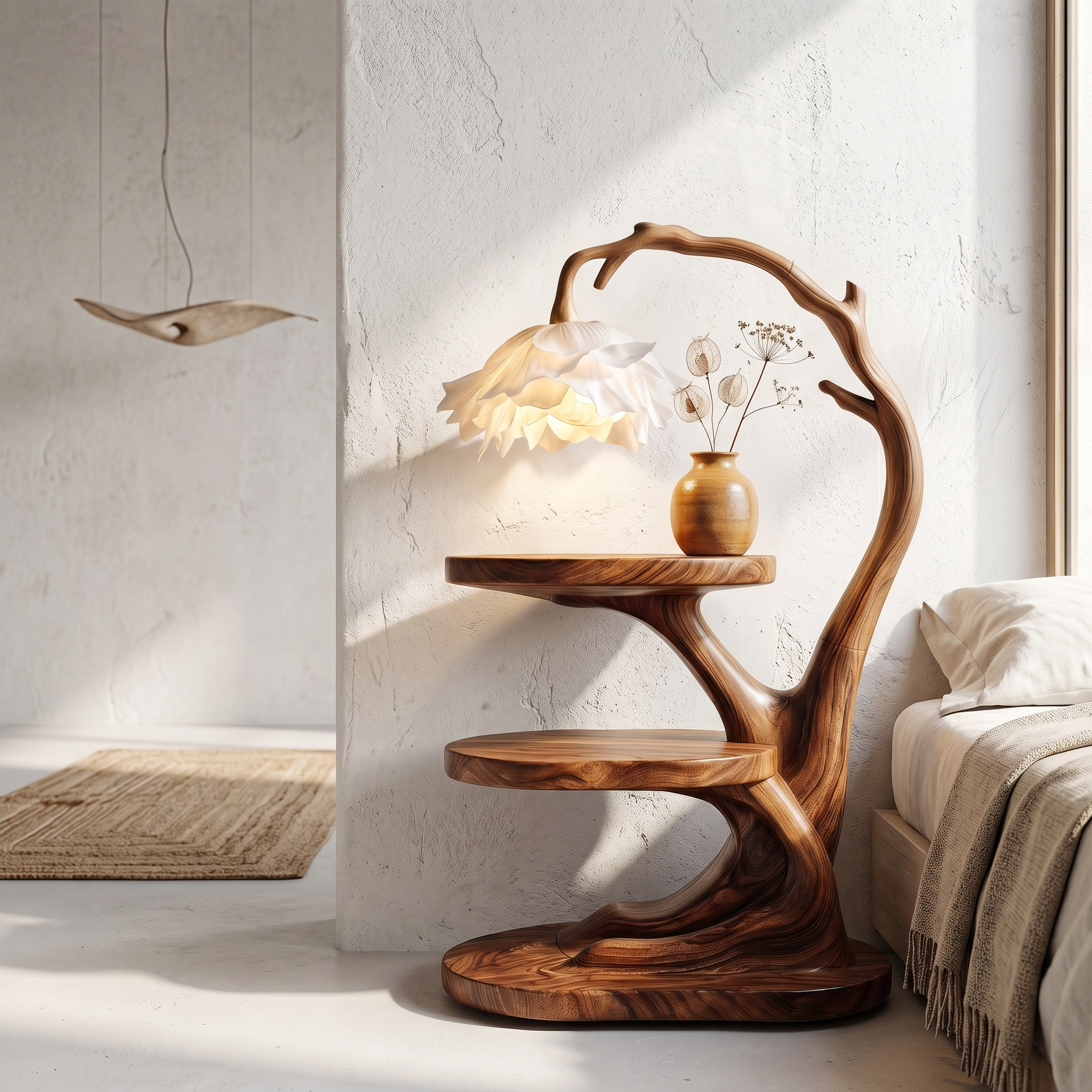 Organic Bedside Table With Sculptural Flower Lamp For Bedroom And Reading Nook SINLSABT273