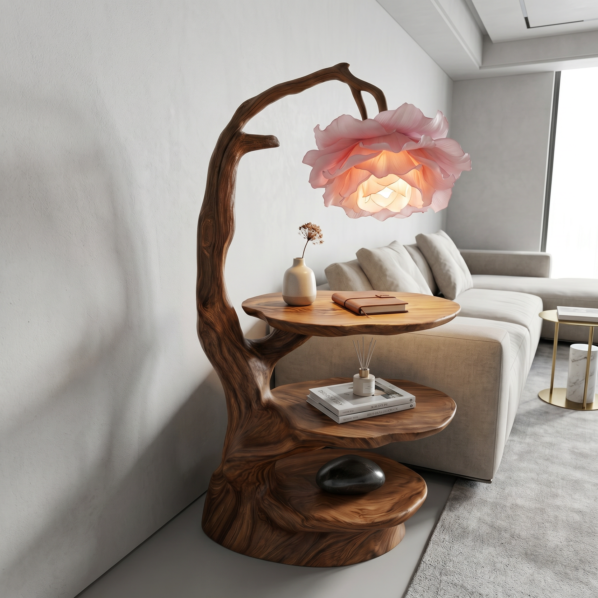 Natural End Table With Tree Branch Form And Flower Lamp For Bedroom And Reading Nook SINLSABT276