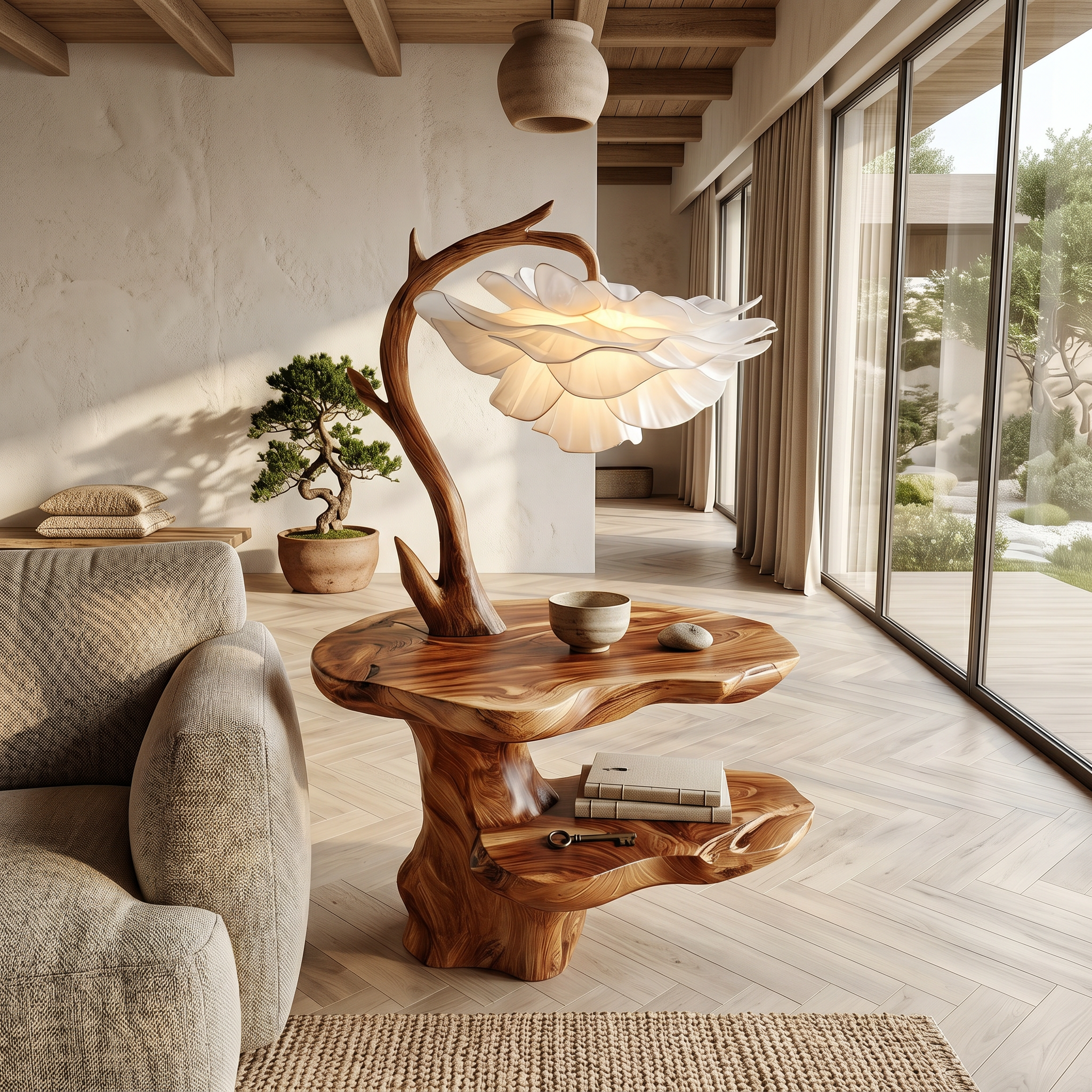 Organic End Table With Flower Lamp And Tree Branch Design For Bedroom And Reading Nook SINLSABT271