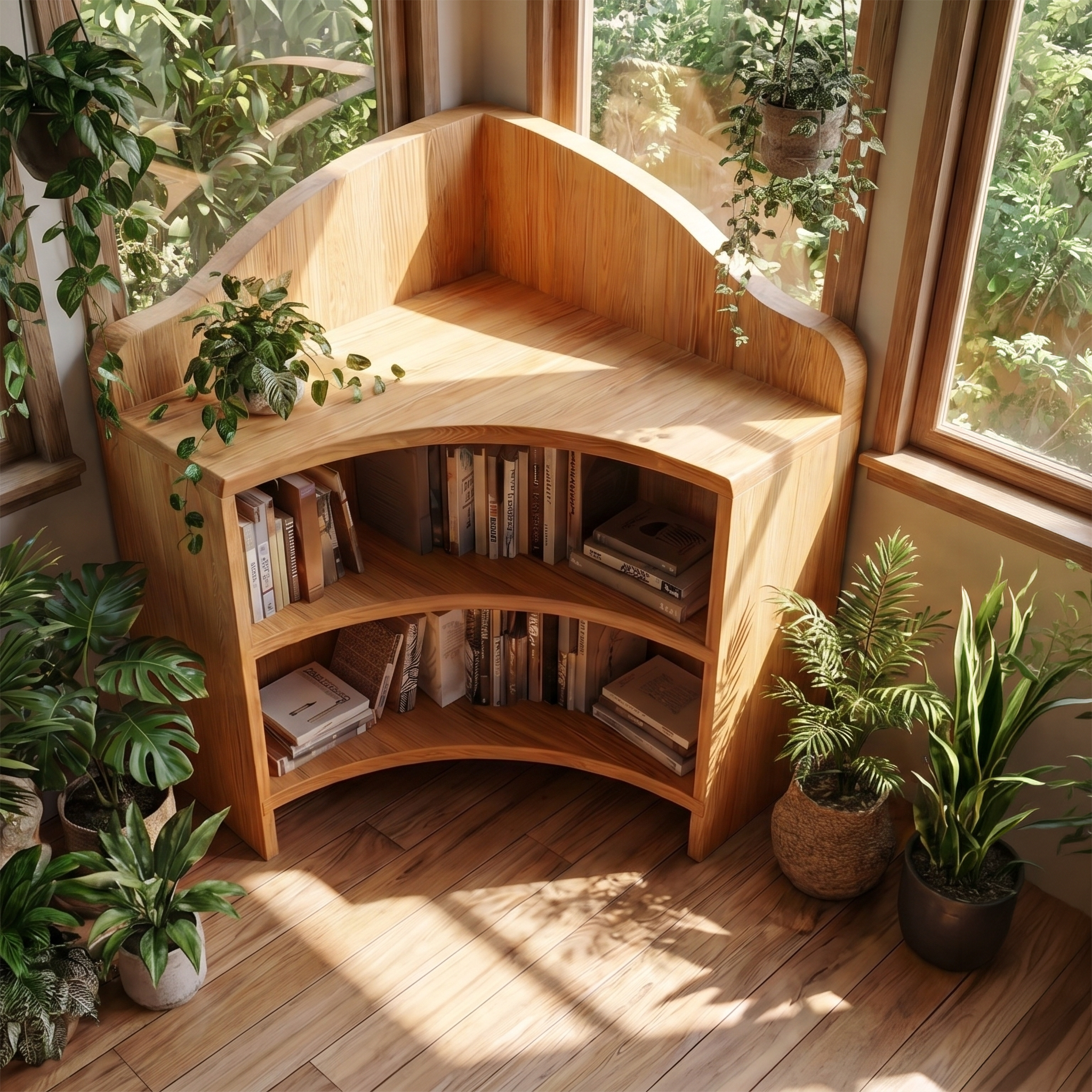 Minimal Corner Bookshelf With Clean Wooden Structure For Living Room SINLSABS026
