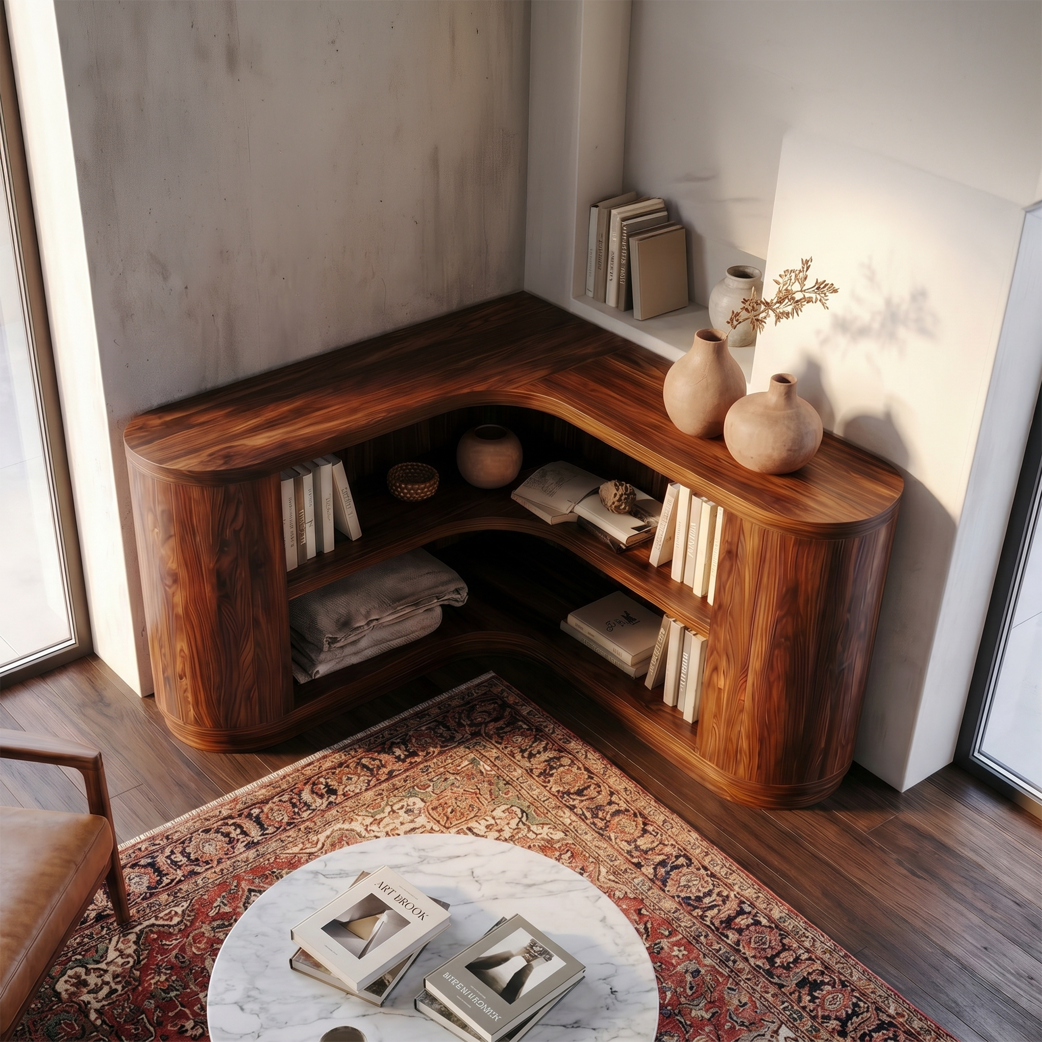 Scandinavian Corner Bookshelf With Simple Wooden Structure For Living Room SINLSABS027