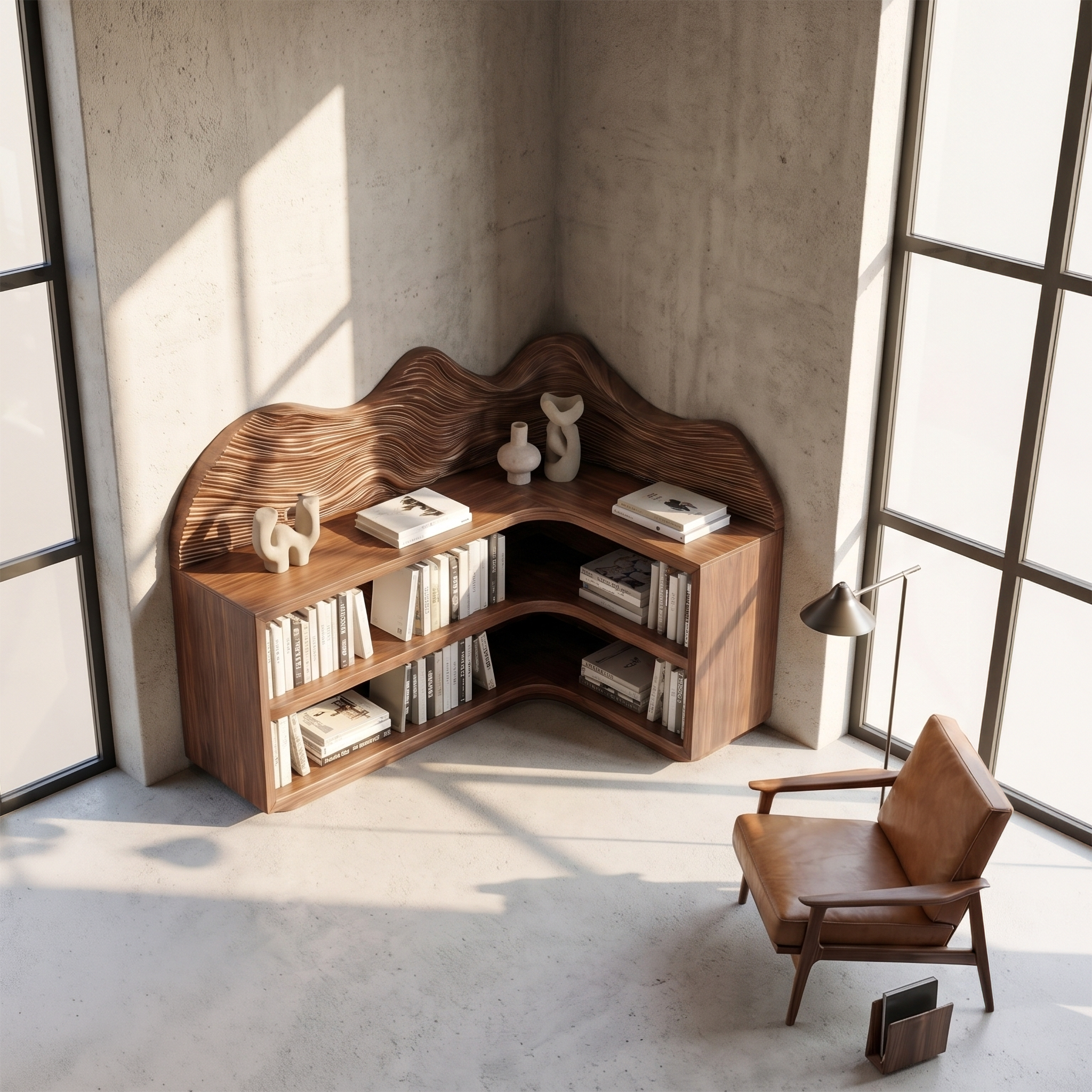 Contemporary Corner Bookcase With Sculptural Wooden Shelves For Living Room SINLSABS030
