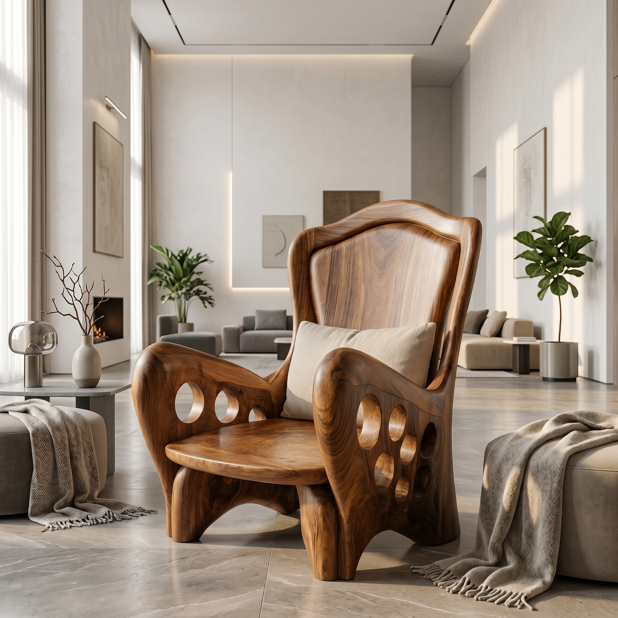 Organic Armchair With Sculptural Wood Frame For Living Room And Reading Nook SINLSAAC019