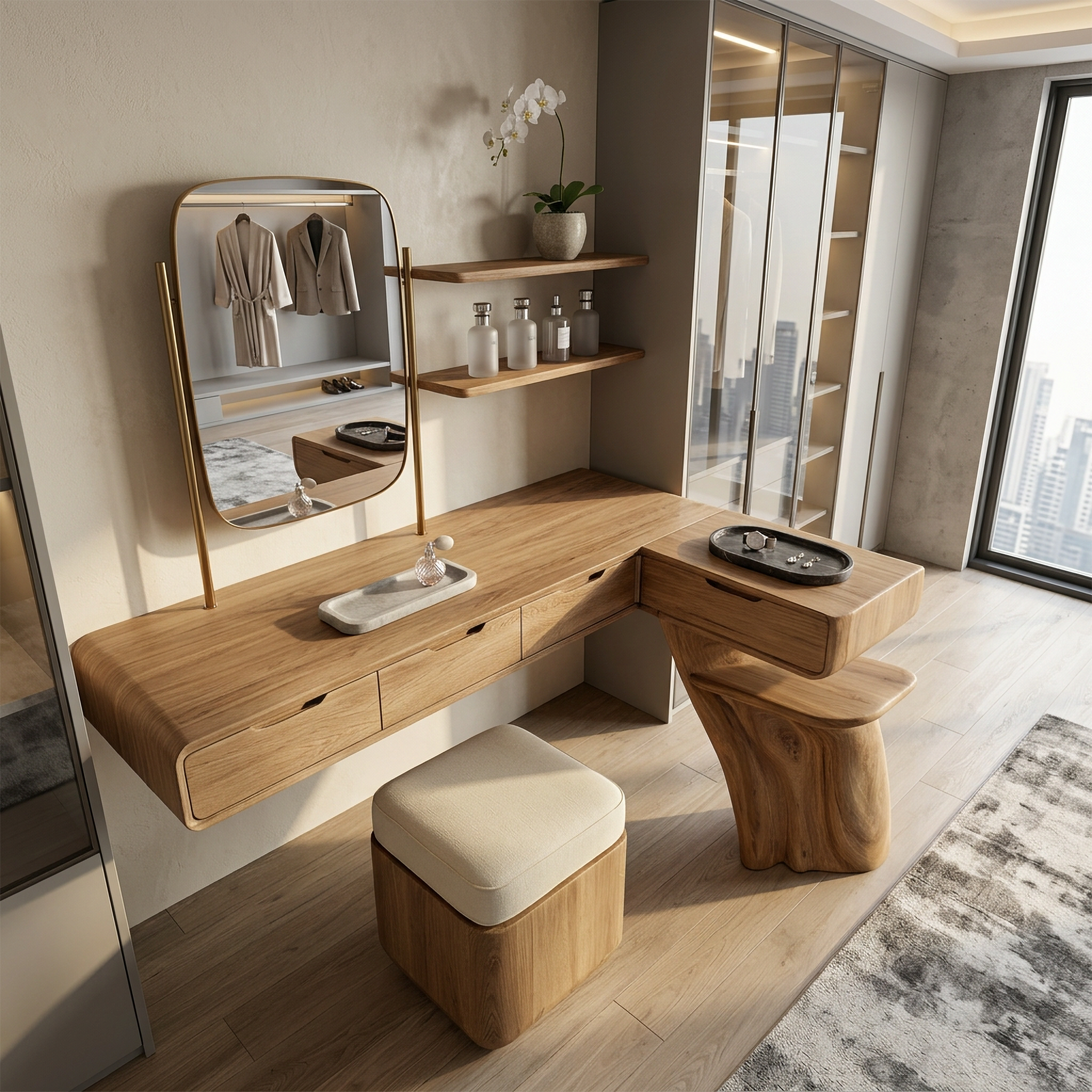 Nature Inspired Dressing Table With Sculptural Wood Design For Bedroom SINLSABDT085