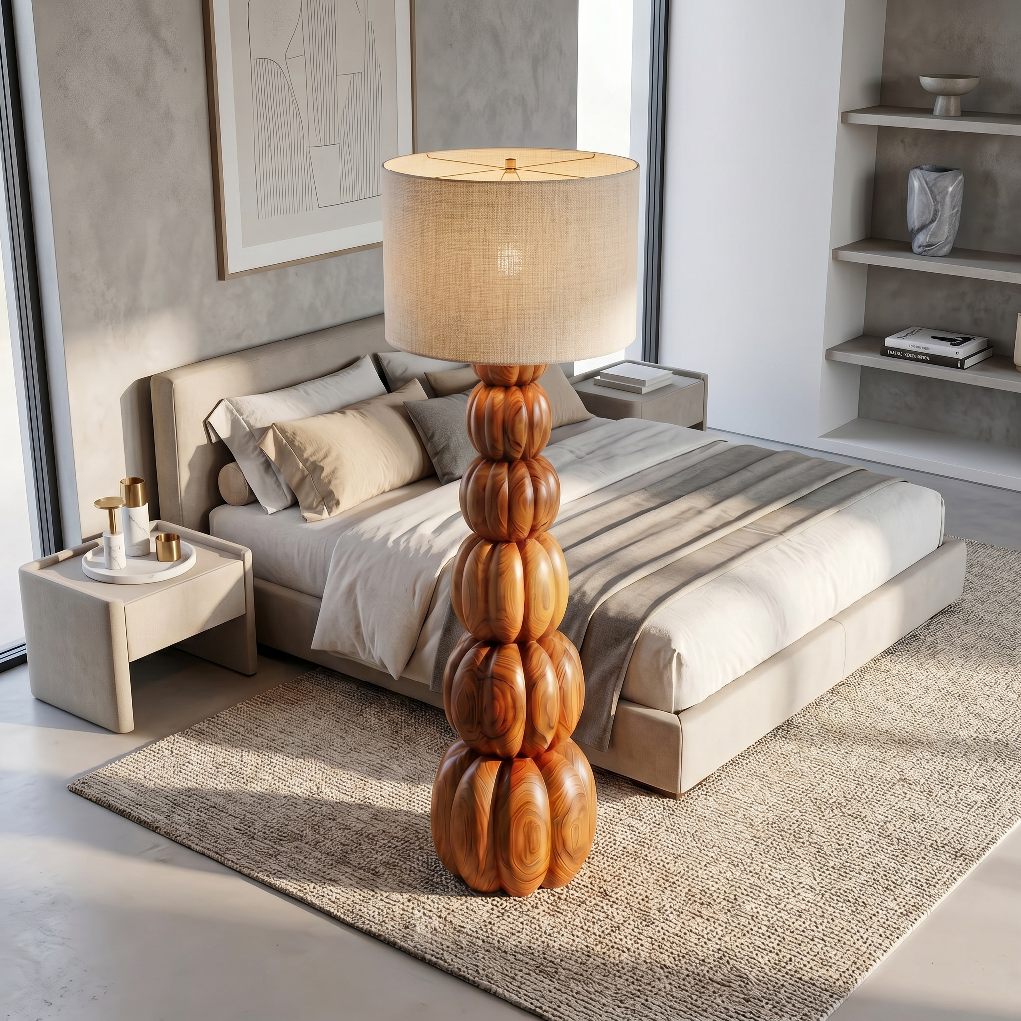 Rustic Floor Lamp With Stacked Pumpkin Wood Base For Living Room SINLSAFLP124