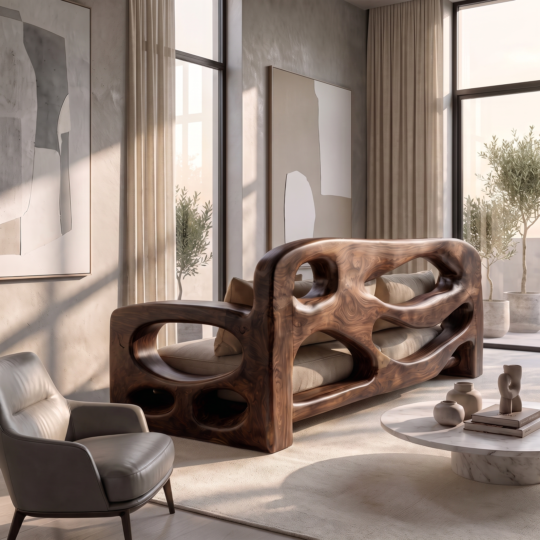 Modern Sofa Frame With Sculptural Solid Wood Armrests For Living Room SINLSASF029