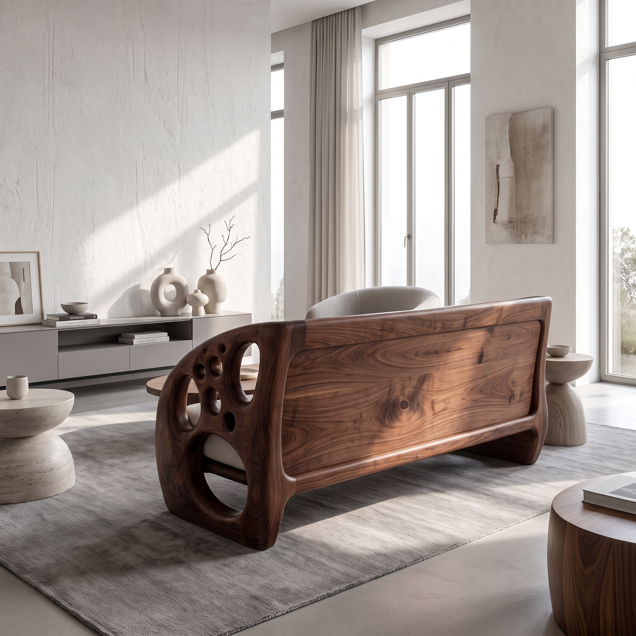Modern Organic Sofa With Sculptural Perforated Wood Frame SINLSASF035