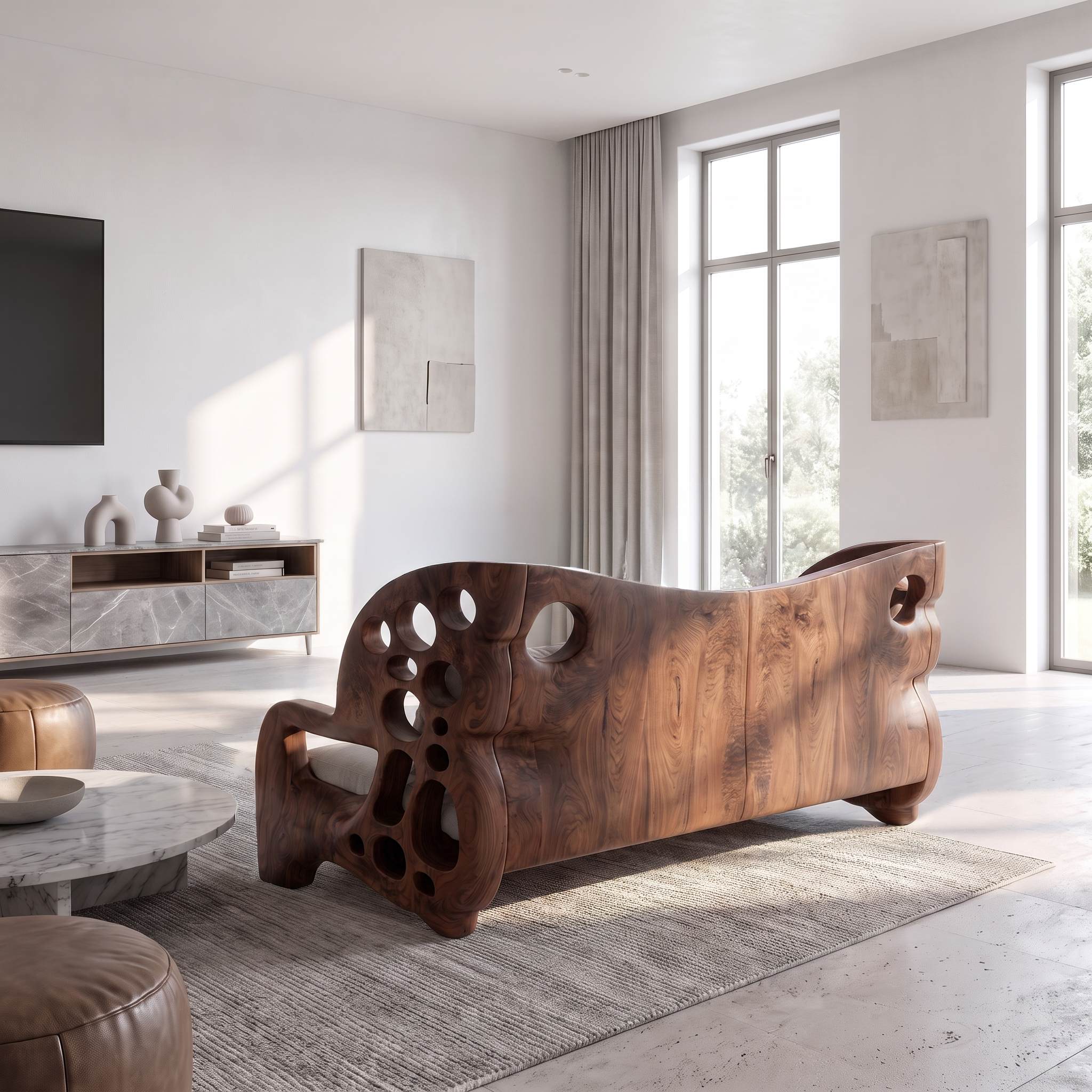 Organic Curved Sofa With Sculptural Wooden Base For Living Room SINLSASF038