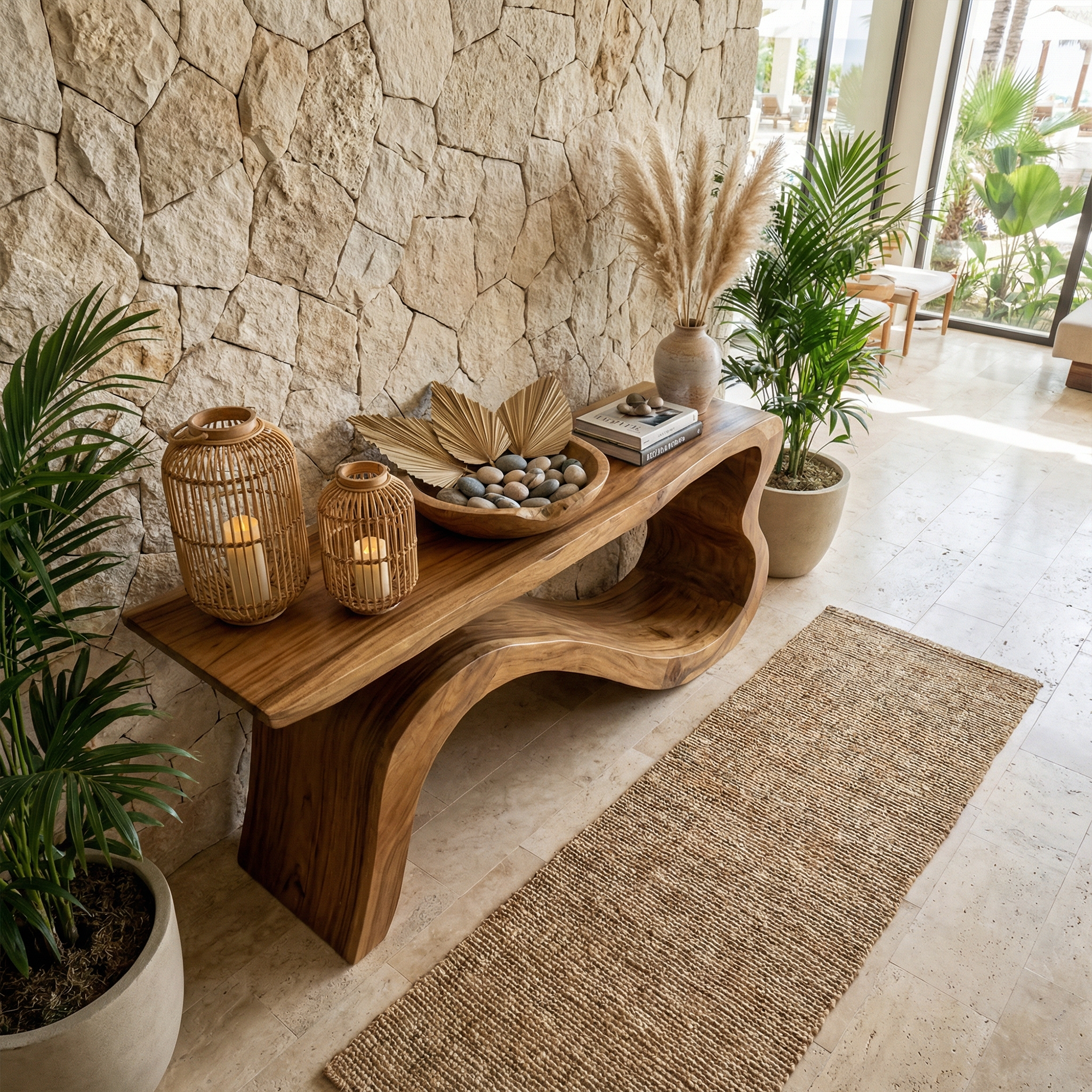 Contemporary Wave Console Table Solid Wood Soft Curved Sculptural Base For Living Room SINLKICS552
