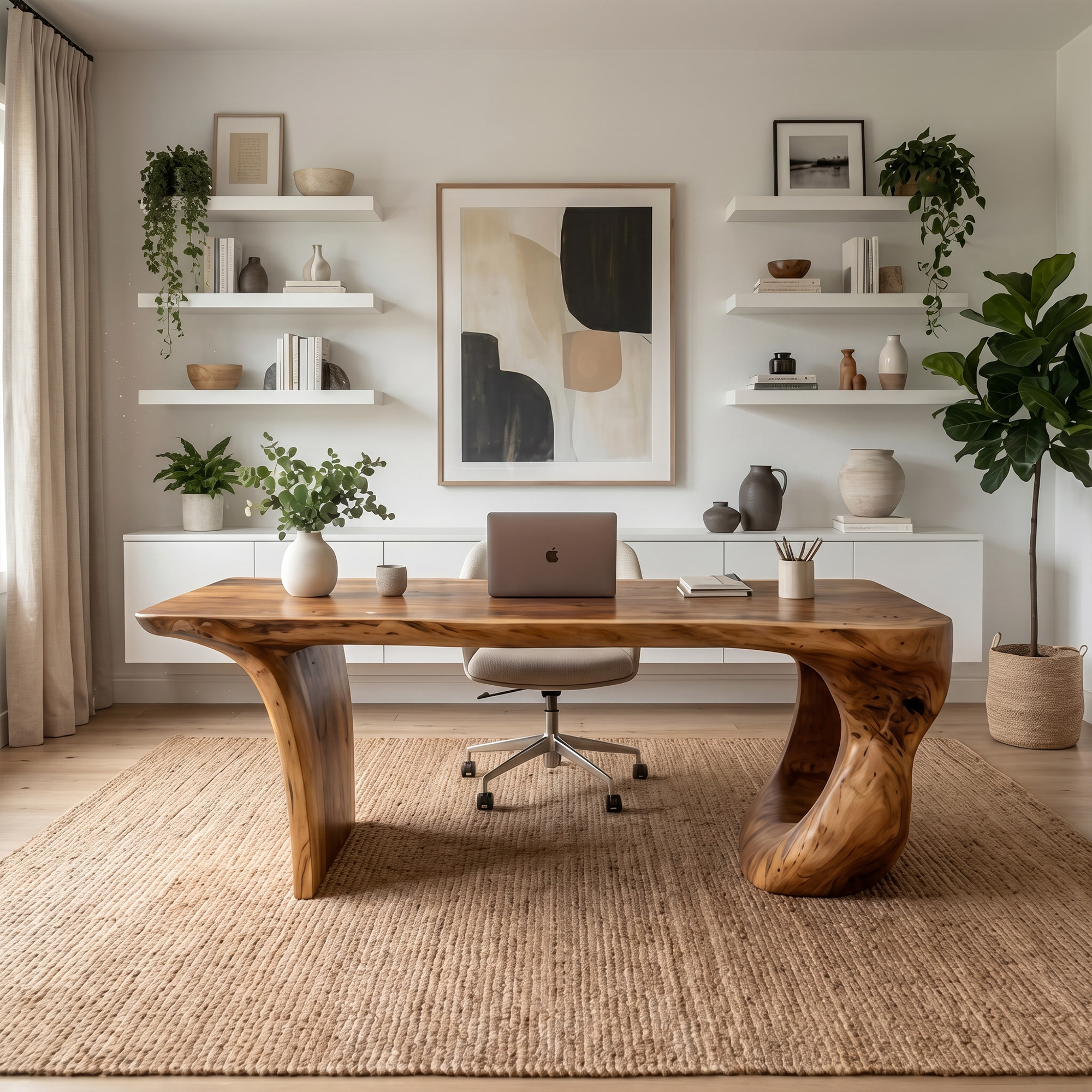 Contemporary Desk With Sculptural Loop Wood Base And Solid Wood Top For Home Office And Workspace SINLKIDK112