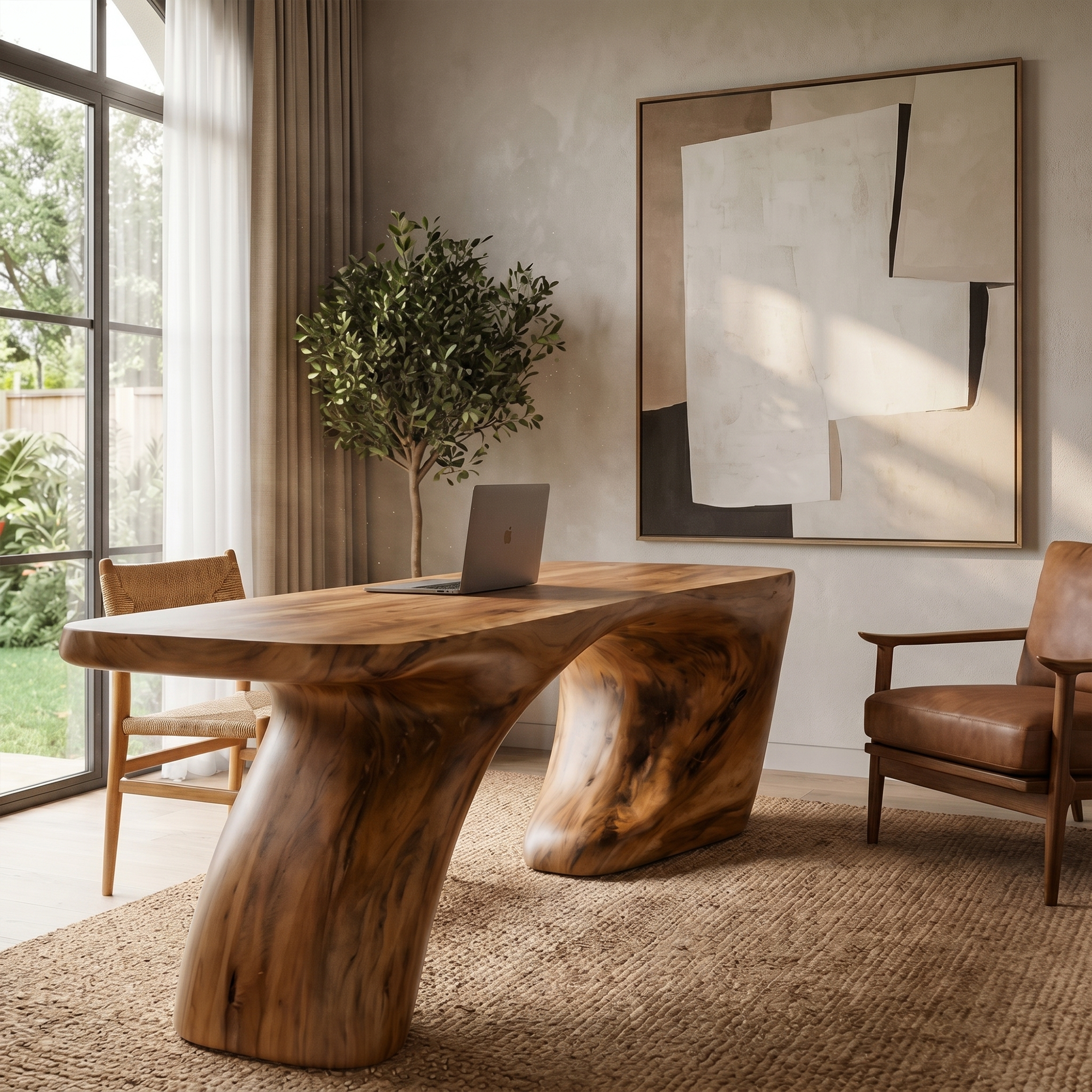 Modern Organic Desk With Sculptural Curved Wood Base And Solid Wood Top For Home Office And Workspace SINLKIDK113