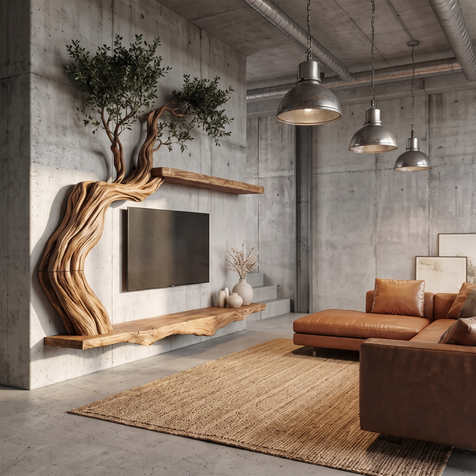 Organic Wall Mounted TV Stand With Sculptural Wood Design For Living Room SINLKITC078