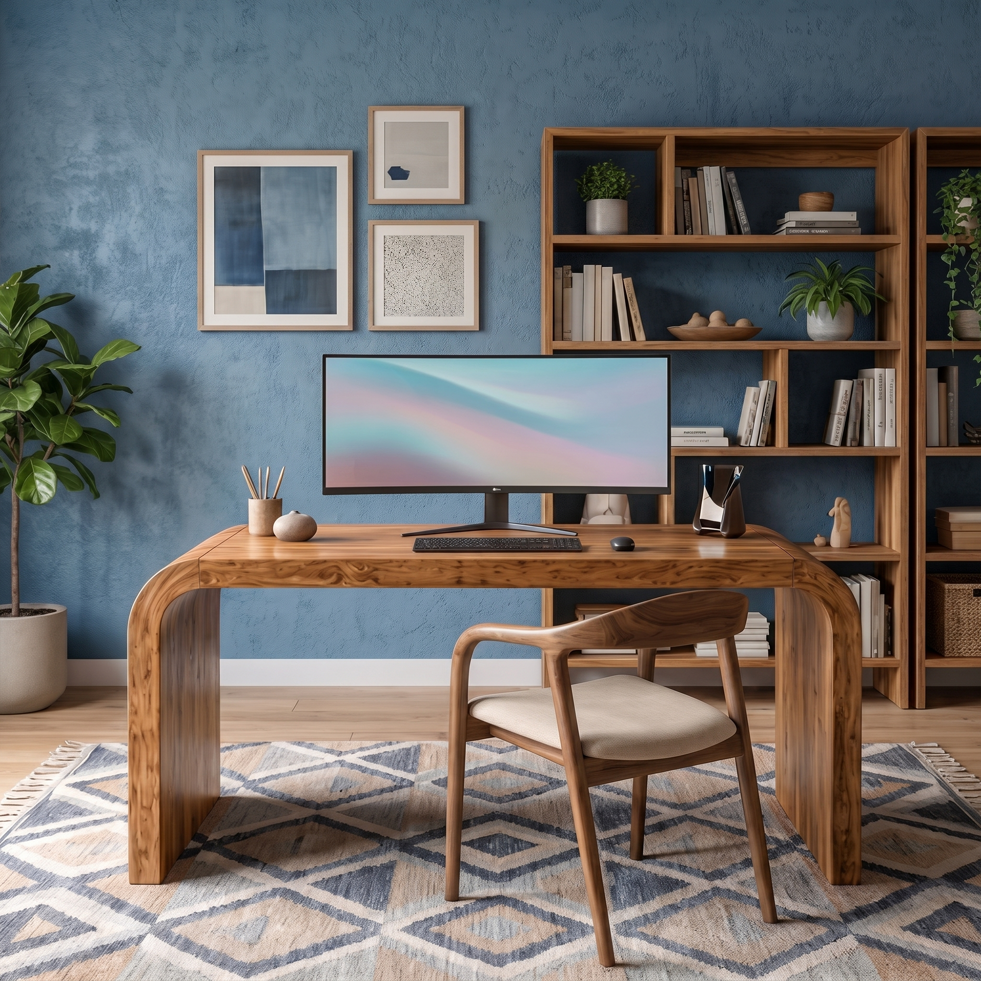 Organic Curved Wooden Desk With Waterfall Edge Design For Home Office And Workspace SINLKIDK108