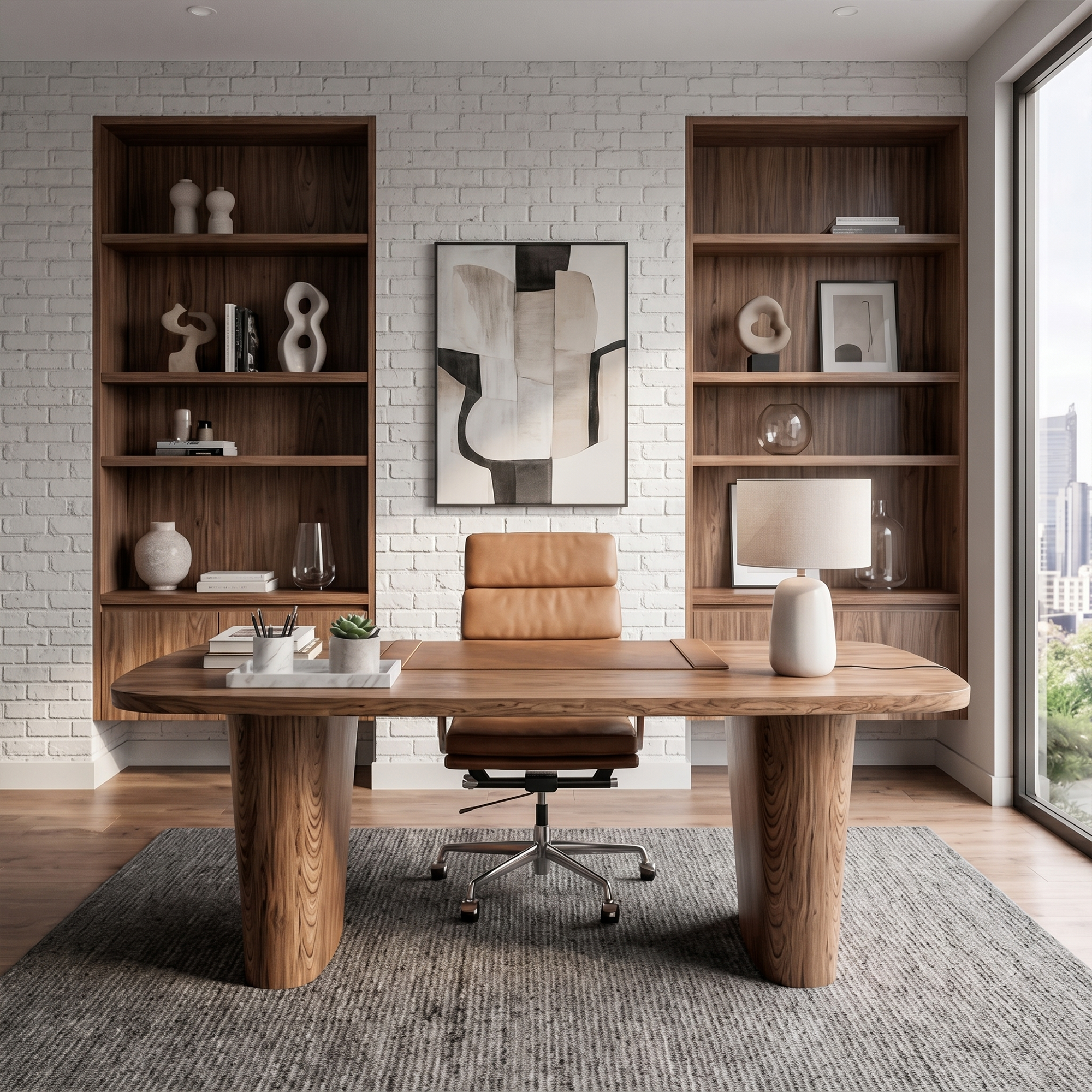Modern Executive Wooden Desk With Sculptural Solid Wood Base For Home Office And Workspace SINLKIDK109