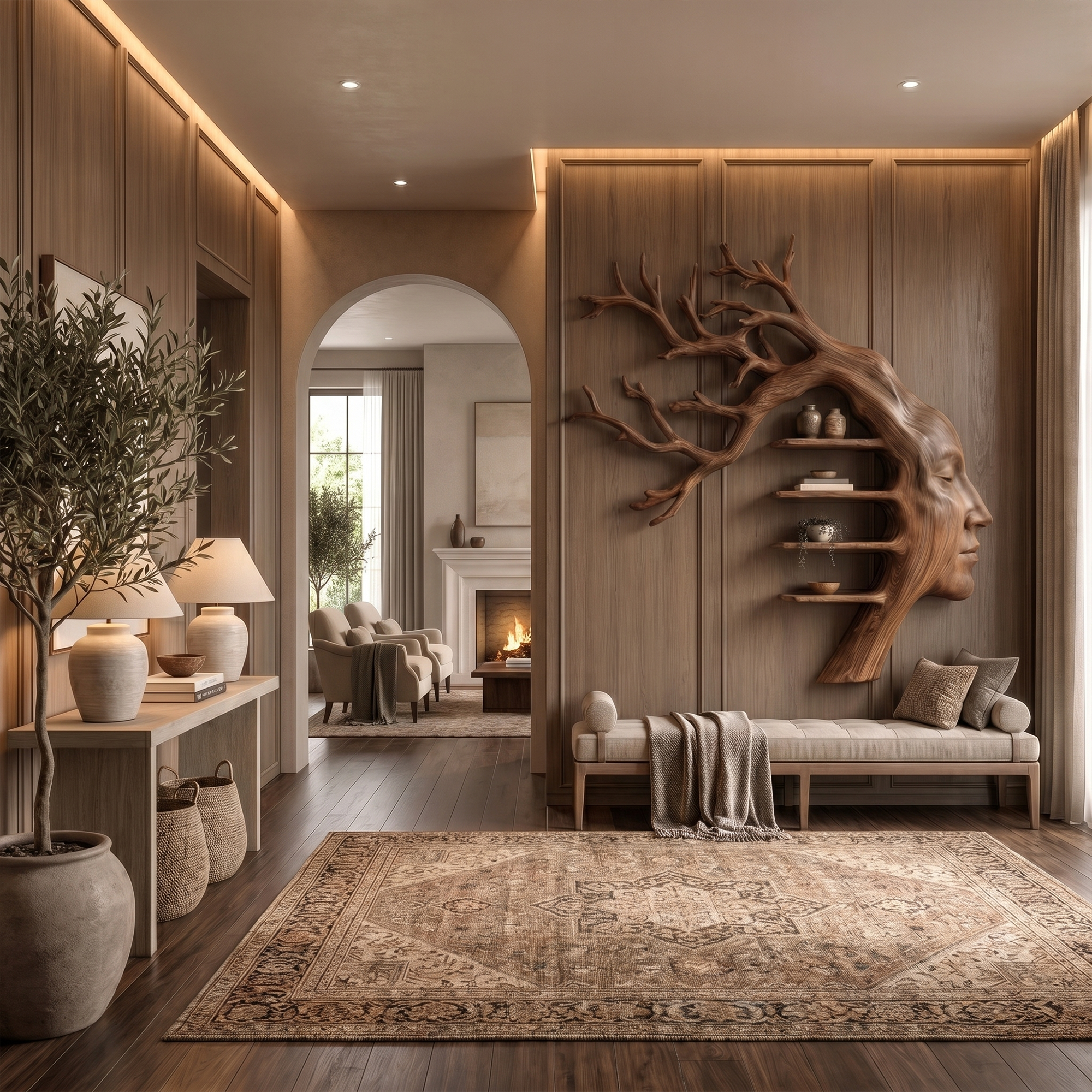 Rustic Tree Branch Wooden Wall Art With Floating Shelves For Living Room And Entryway SINLKIWD105