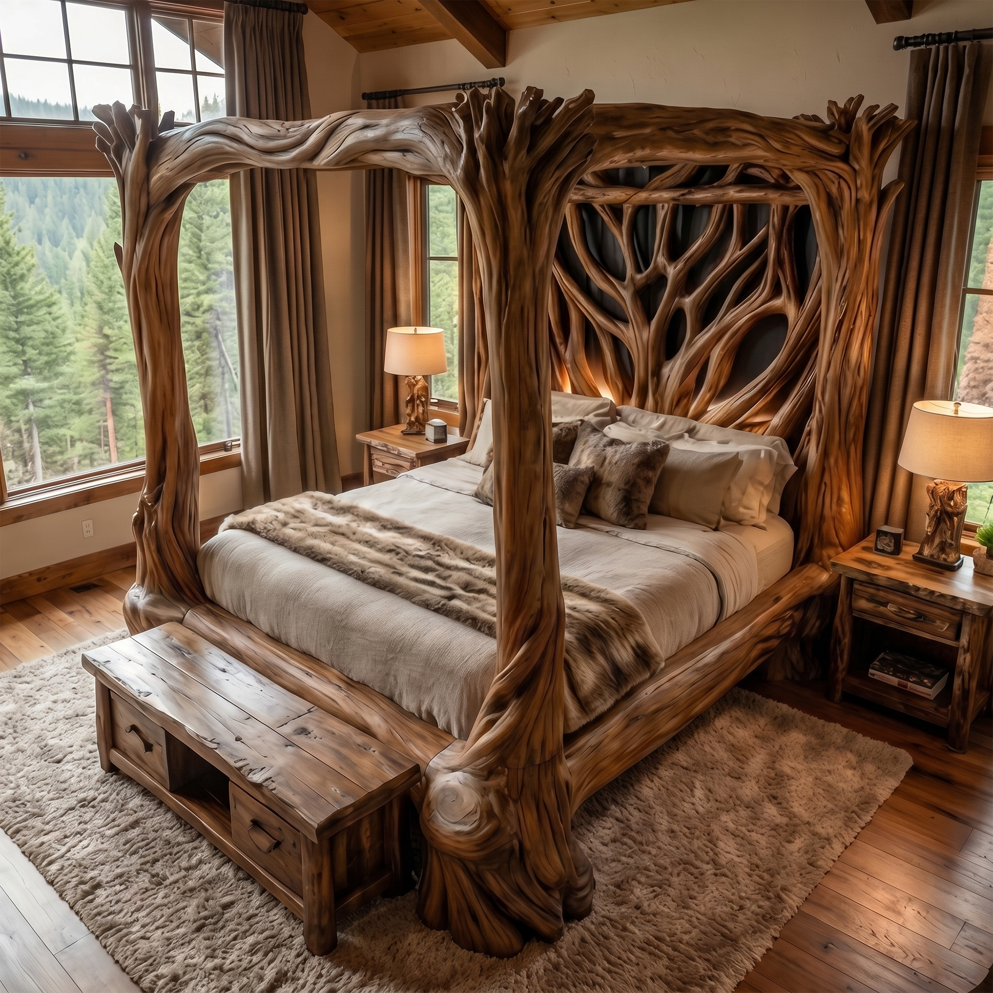 Organic Sculptural Canopy Bed With Handcrafted Tree Branch Wood Frame For Bedroom Decor SINLKIWB120