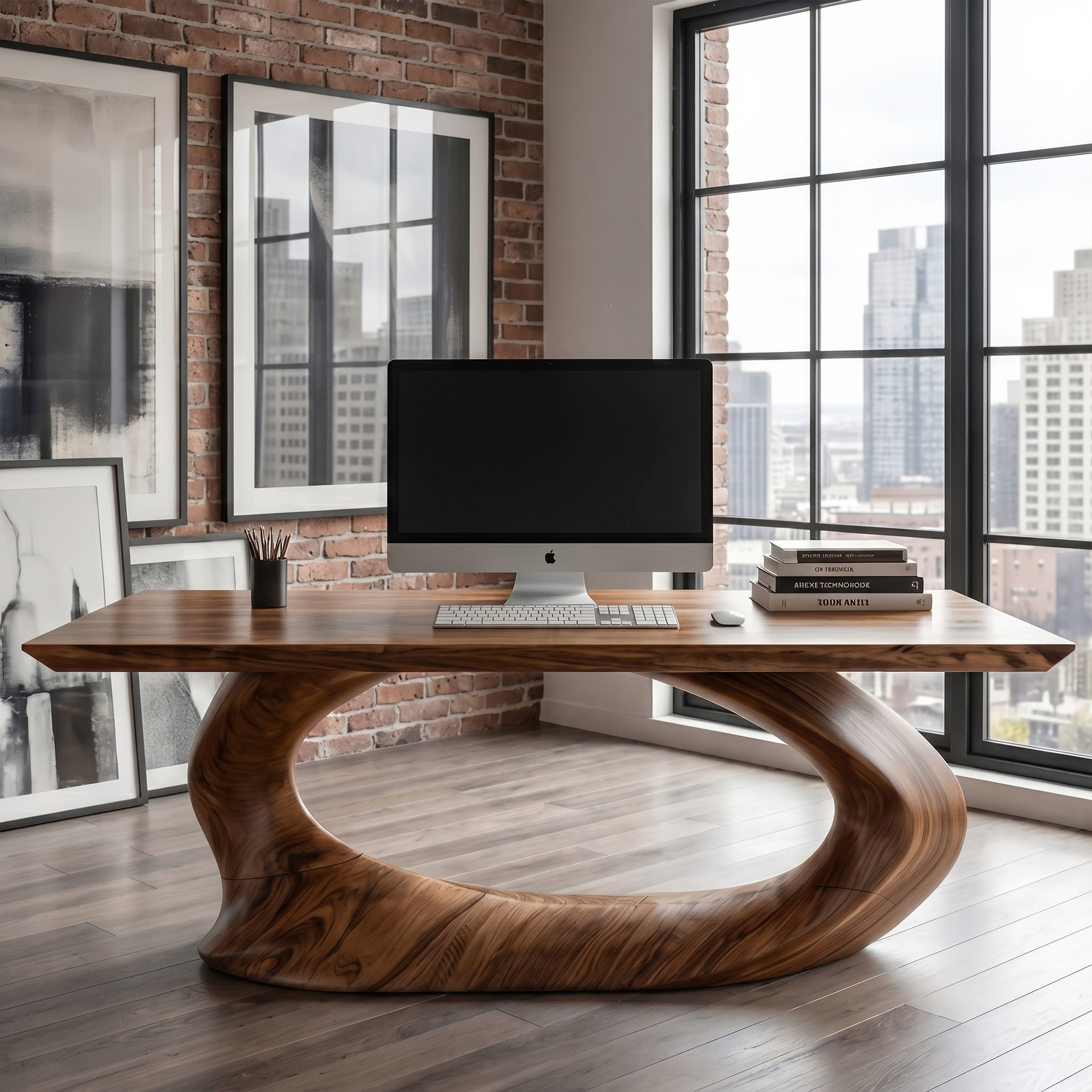 Rustic Desk With Sculptural Curved Base For Home Office SINLKIDK111