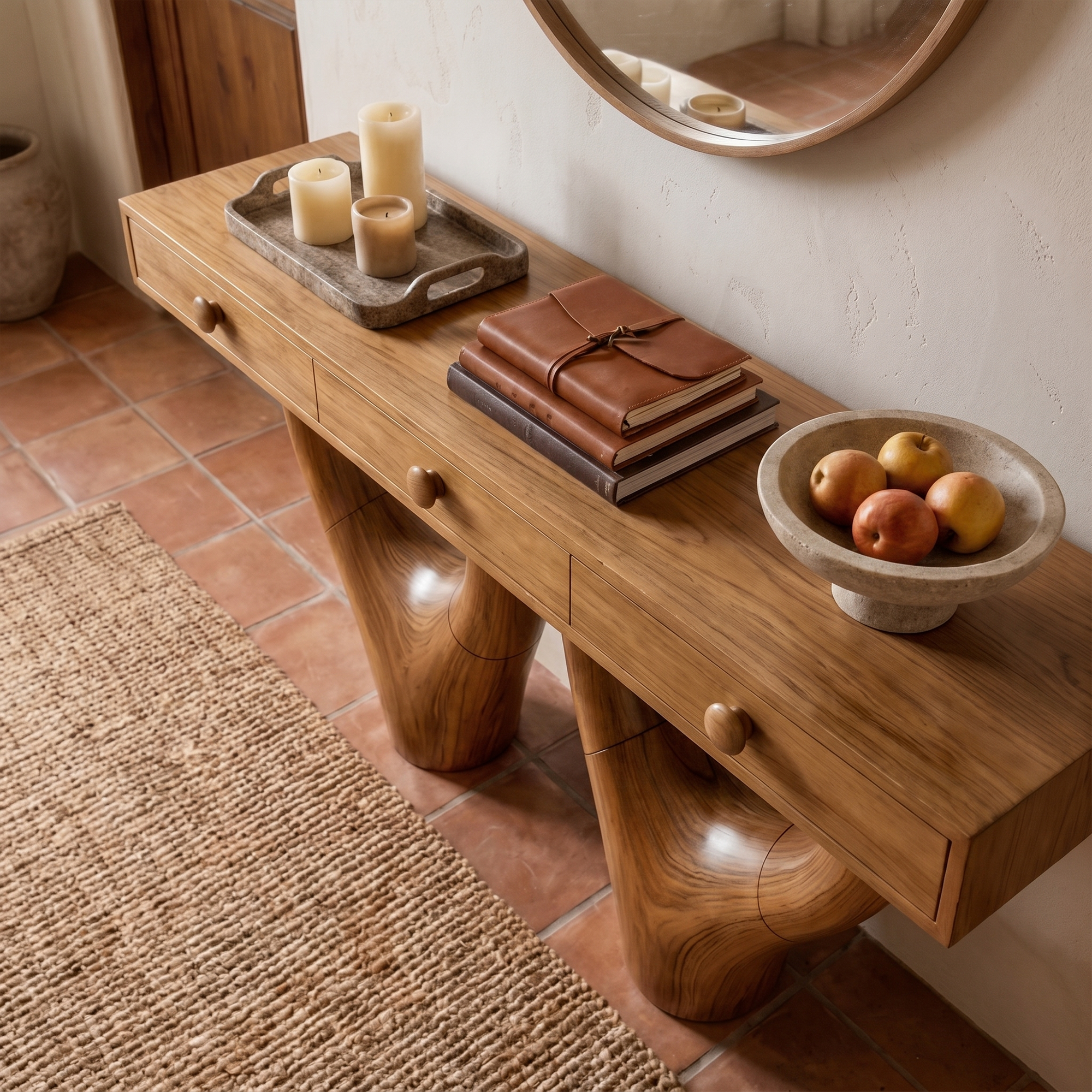 Rustic Console Table With Sculptural Double Pedestal Wood Base And Solid Wood Top For Entryway And Living Room SINLKICS594