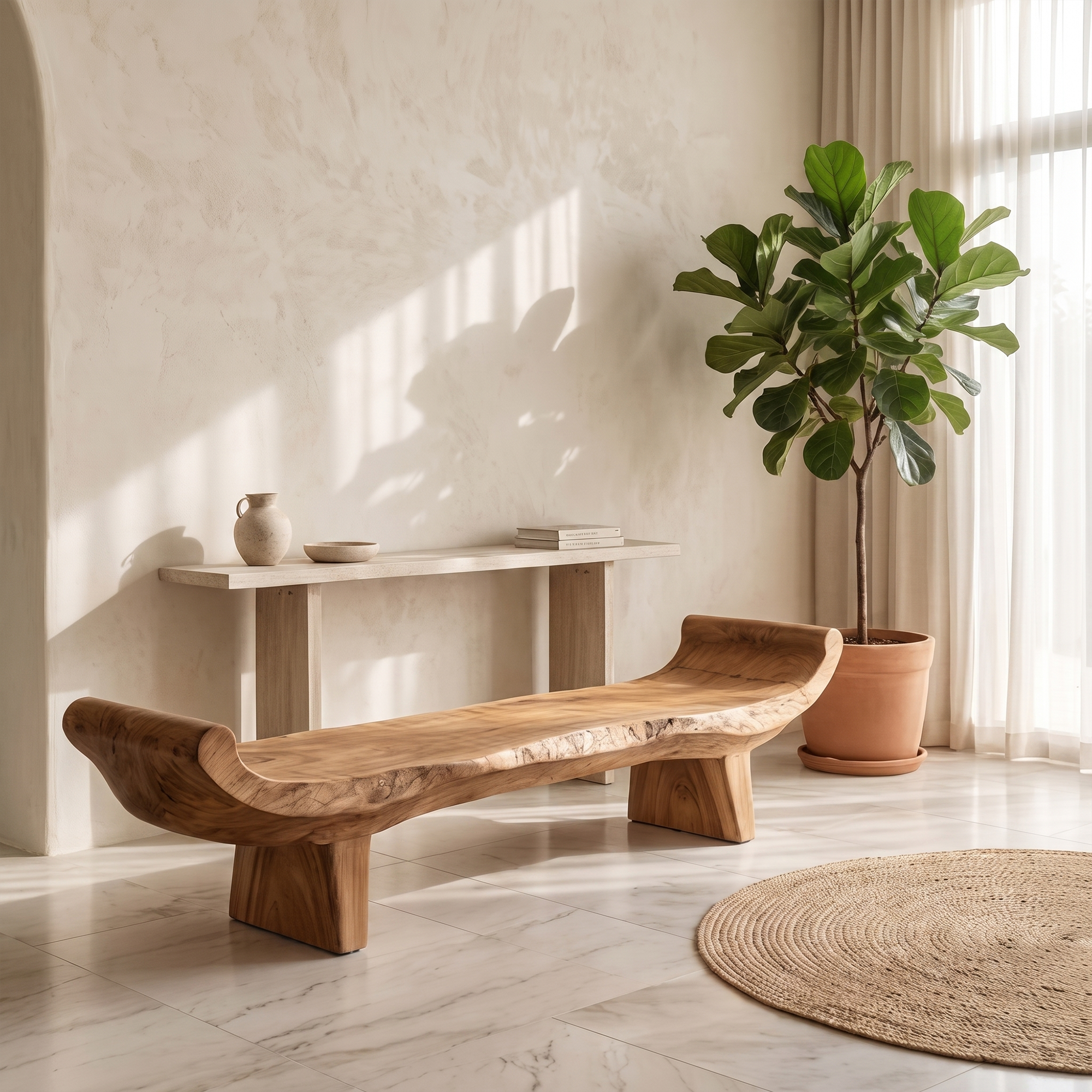 Minimalist Console Table With Sculptural Wood Base For Entryway SINLKIRS130