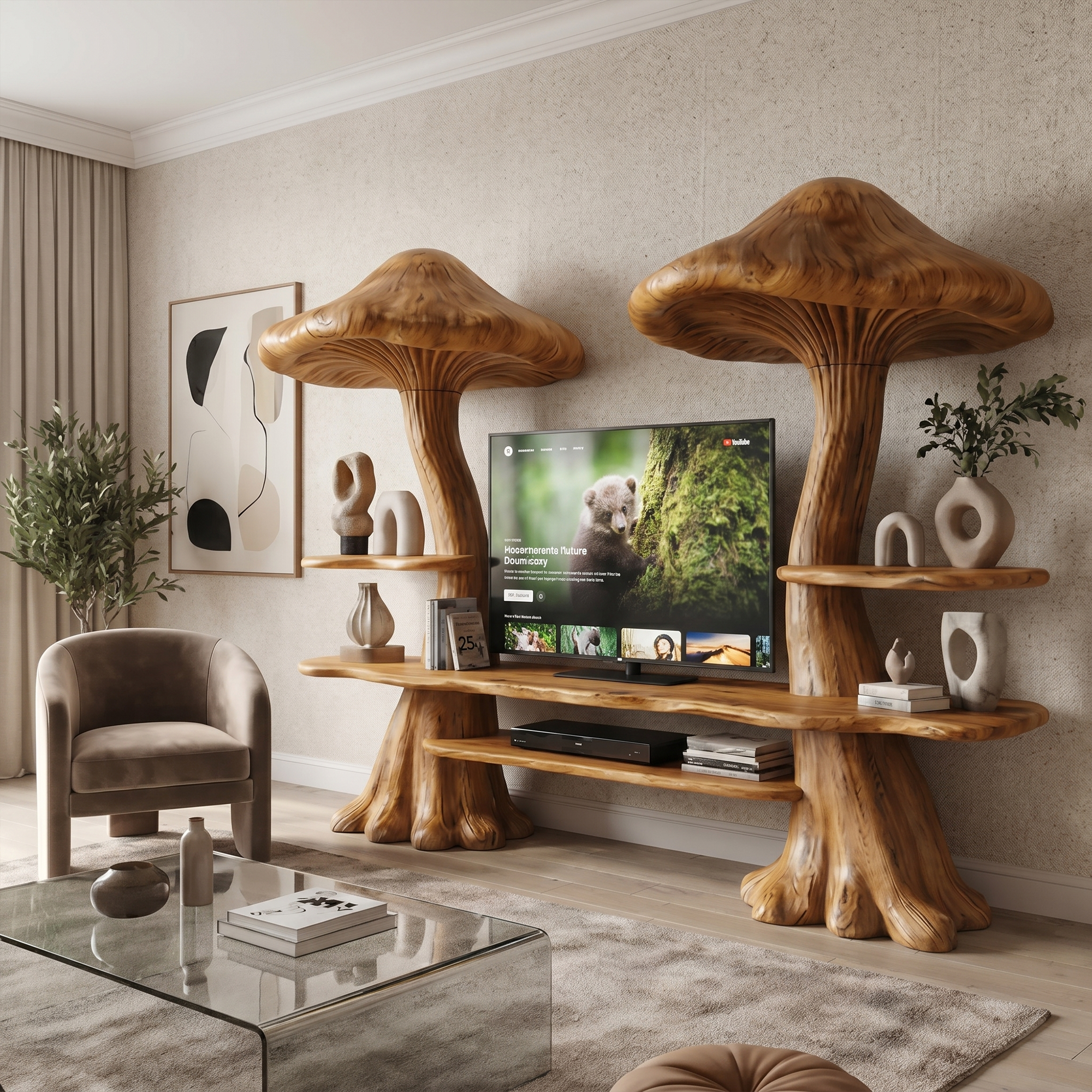 Rustic Mushroom TV Cabinet With Integrated Display Shelves And Media Storage For Living Room SINLKITC051