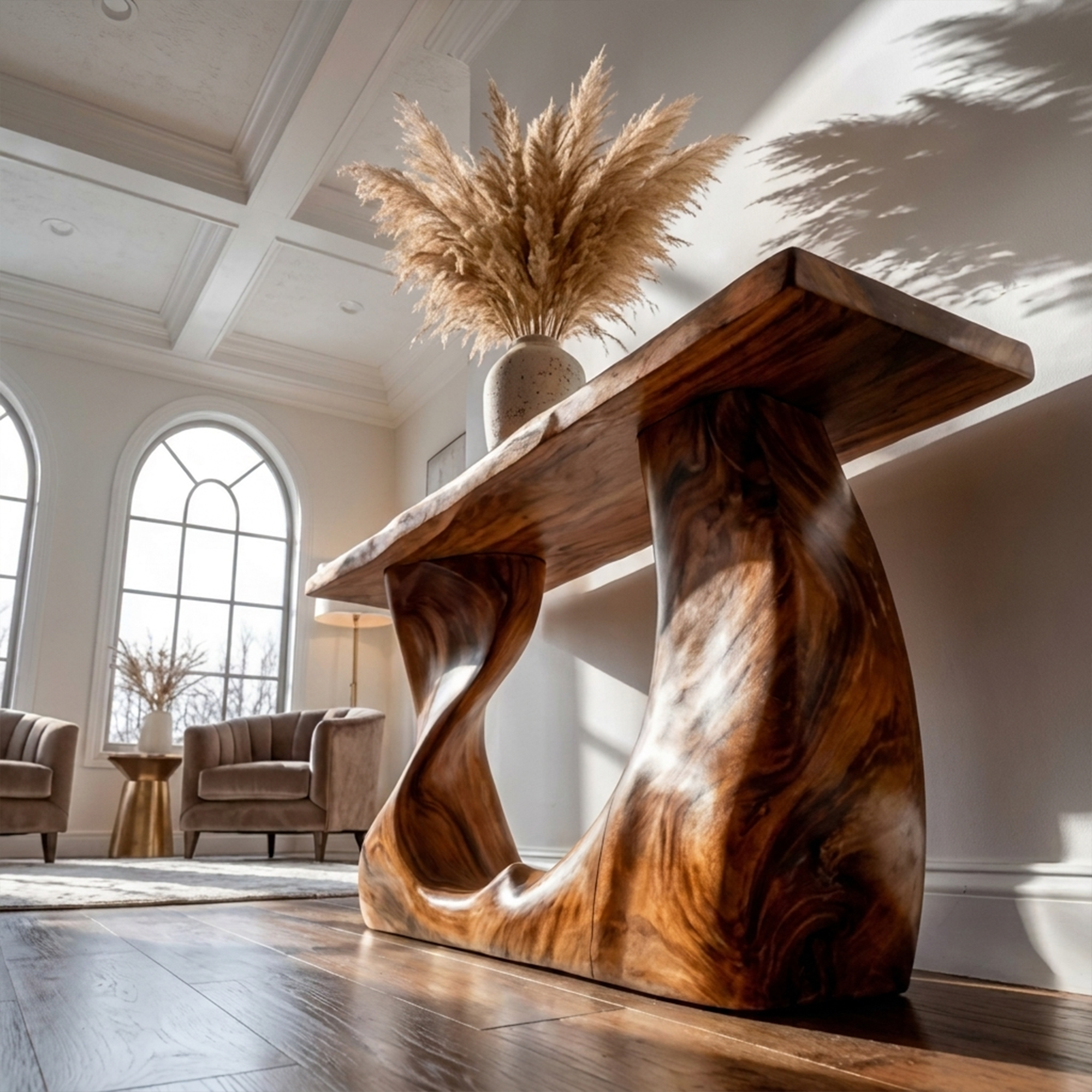 Rustic Modern Console Wavy Carved Wood Entry Hall SINLKICS406
