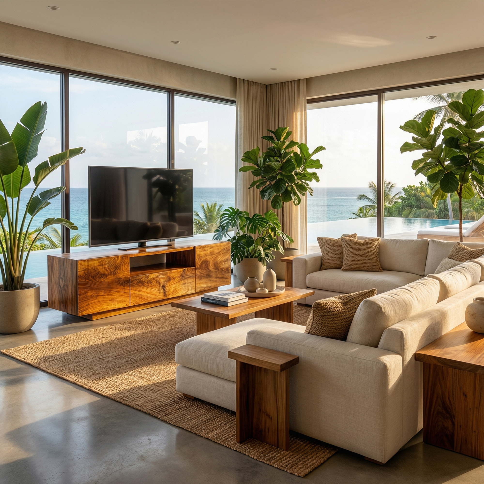 Modern Rustic TV Cabinet Solid Wood Low Profile Block Design Living Room SINLKITC030