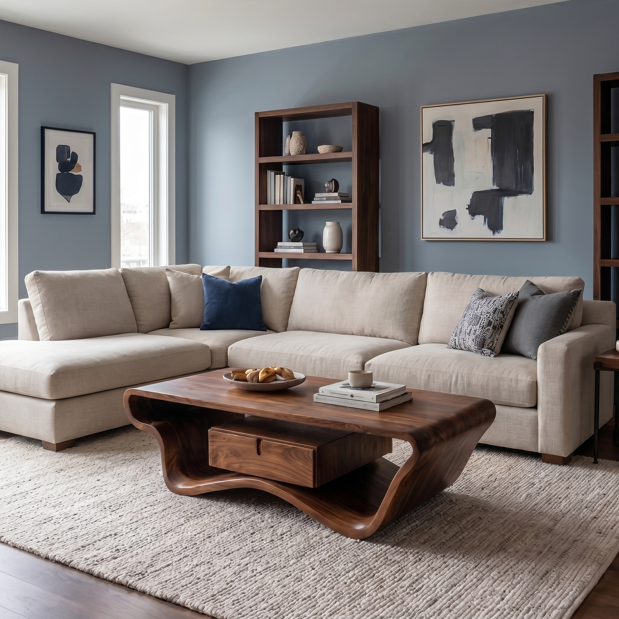 Curved Sculptural Coffee Table With Storage Drawer For Living Room SINLKICF361