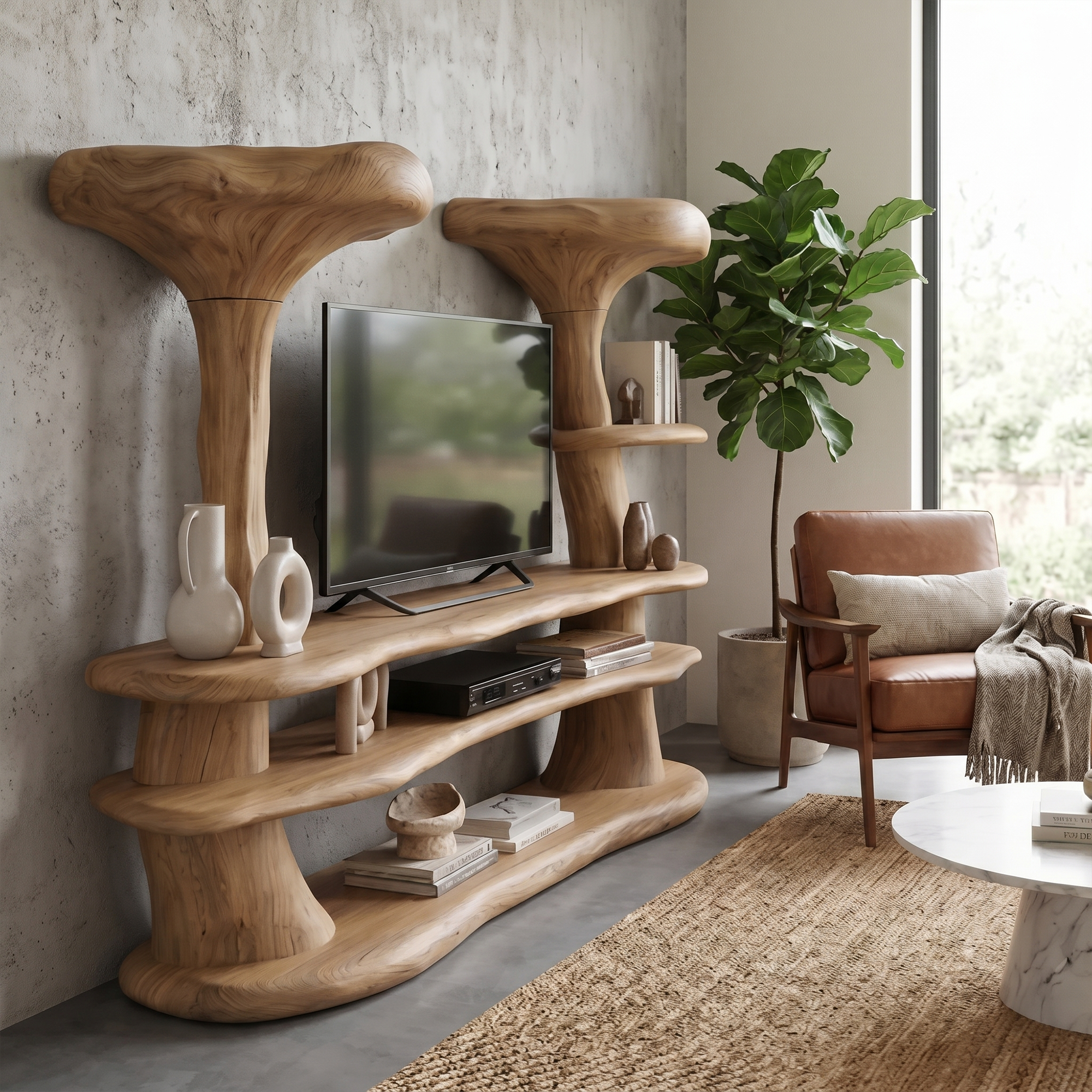 Organic Mushroom TV Stand With Sculptural Solid Wood Design For Living Room SINLKITC055