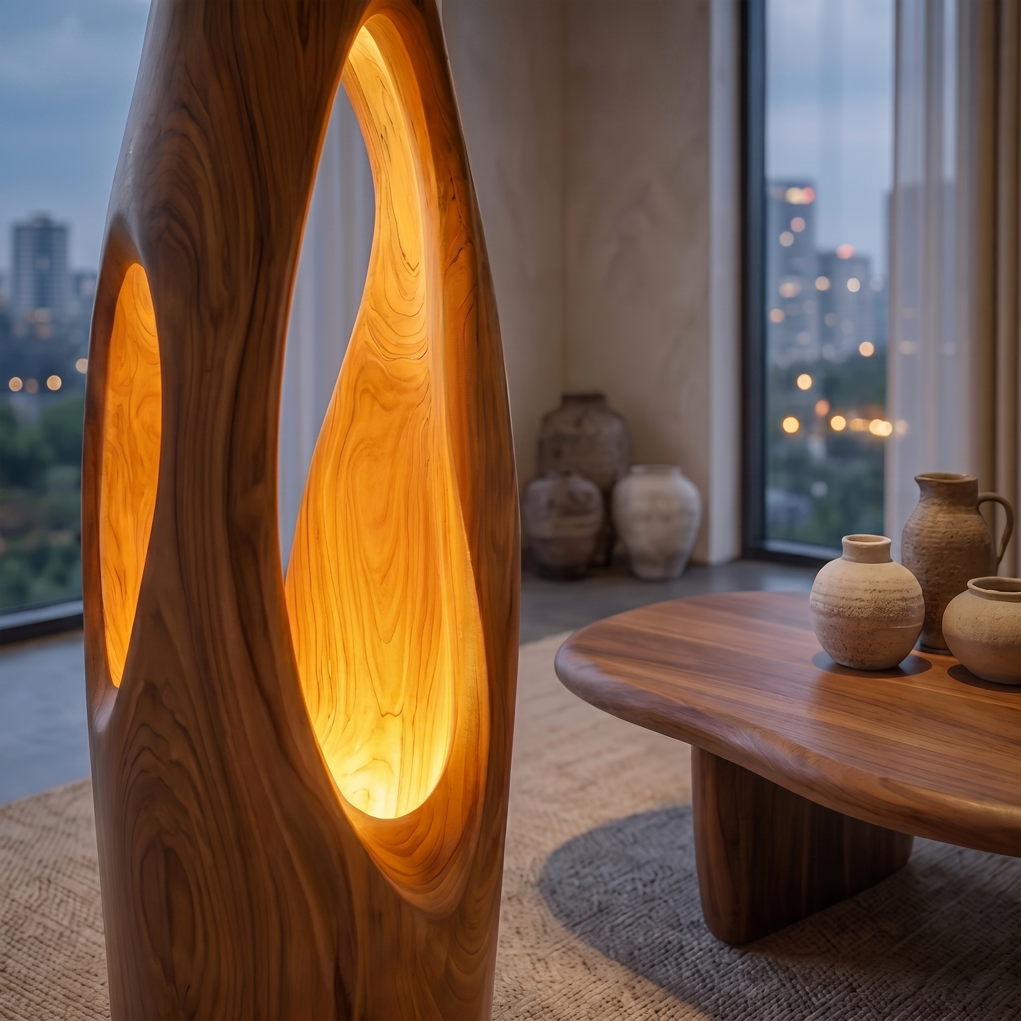 Modern Organic Floor Lamp With Illuminated Hollow Wood Design For Living Room SINLKIFLP102