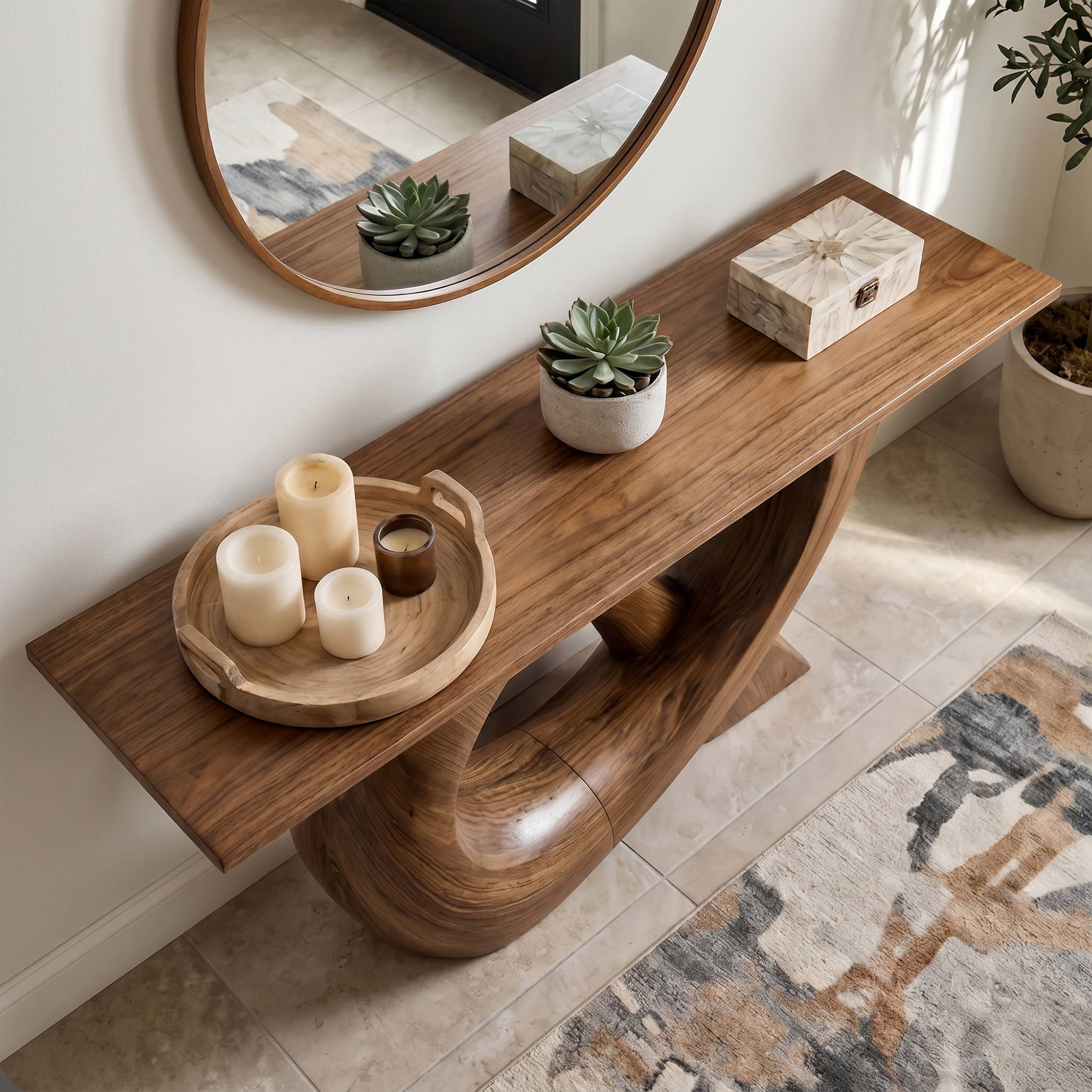 Sculptural Console Table With Flowing Curved Wood Base For Entryway And Living Room SINLKICS596