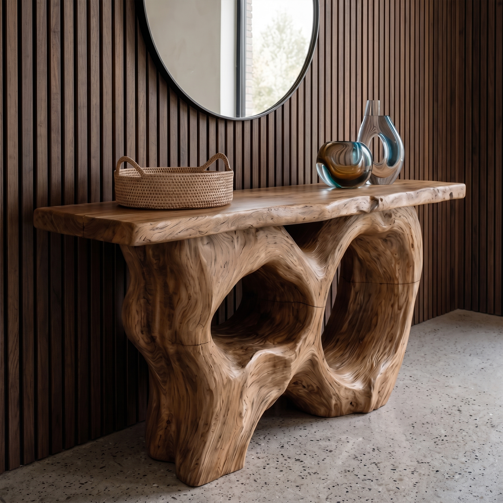Modern Console Table With Sculptural Asymmetrical Wood Base  For Living Room SINLKICS598