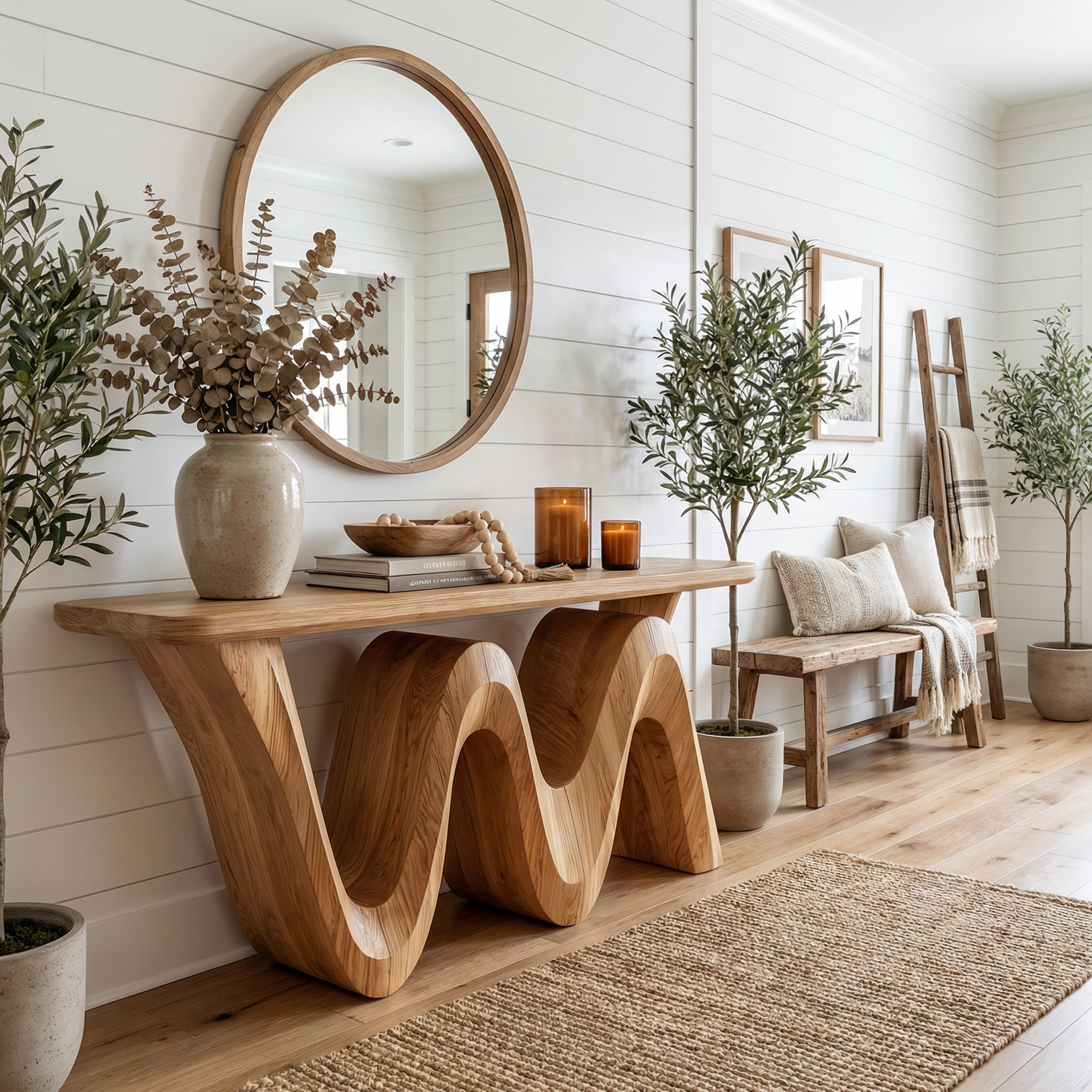 Organic Flow Console Table Solid Wood Sculptural Wave Base Entryway Or Hallway SINLKICS557