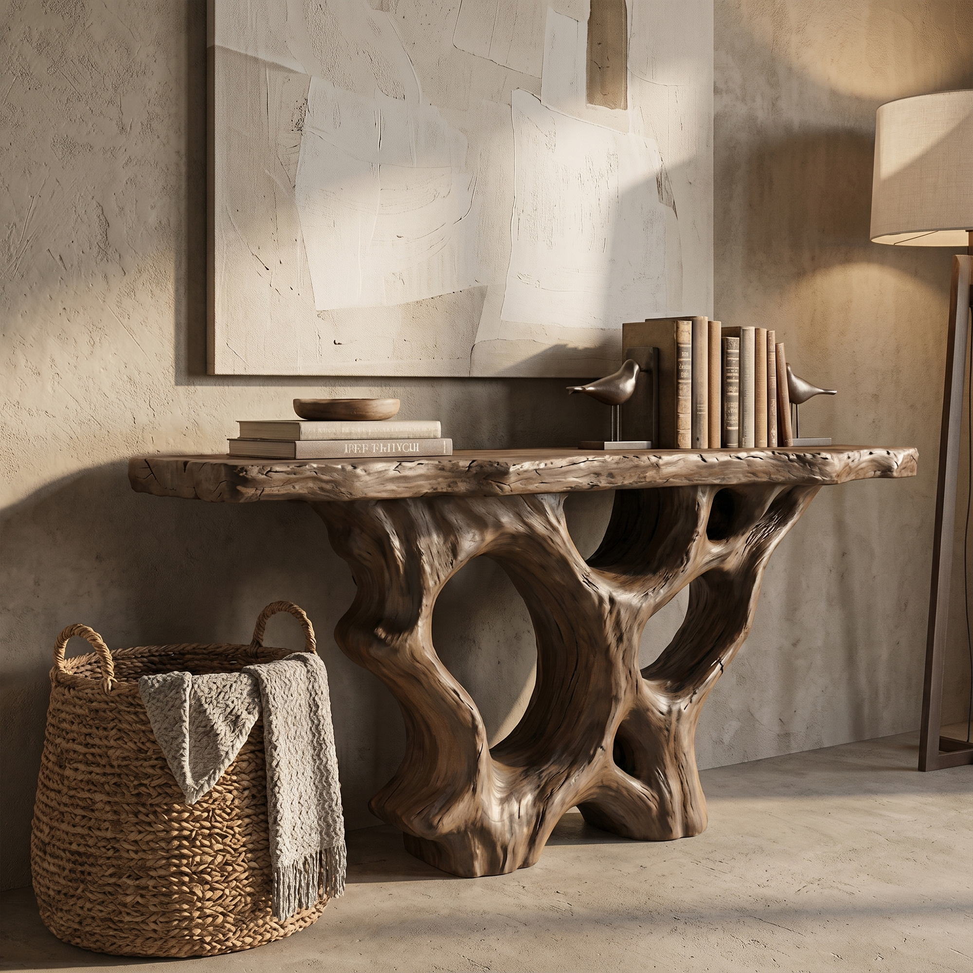 Organic Unique Console Table With Sculptural Natural Wood Base For Living Room SINLKICS599
