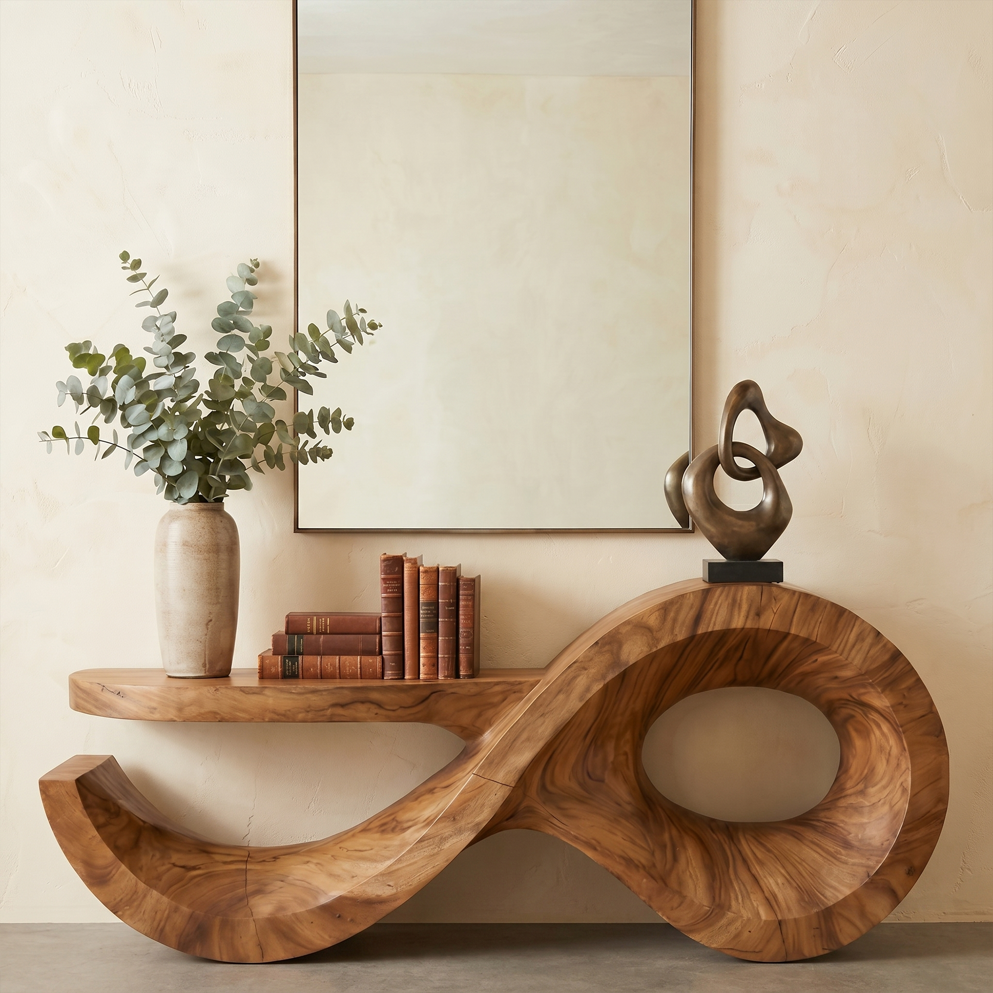 Contemporary Console Table With Sculptural Wave Wood Base And Solid Wood Top For Living Room SINLKICS601