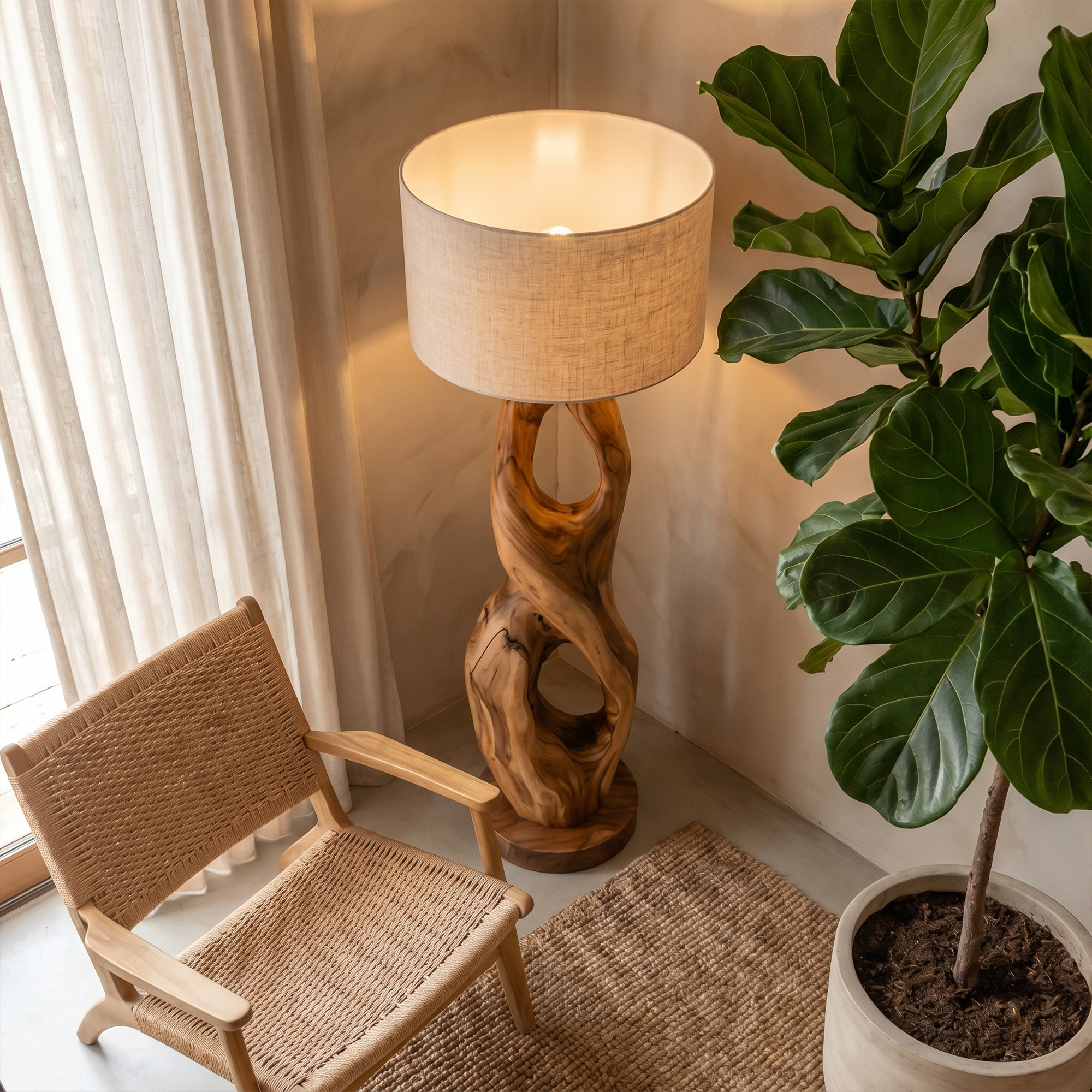 Rustic Floor Lamp With Handcrafted Hollow Wood Sculpture Base For Living Room SINLKIFLP088