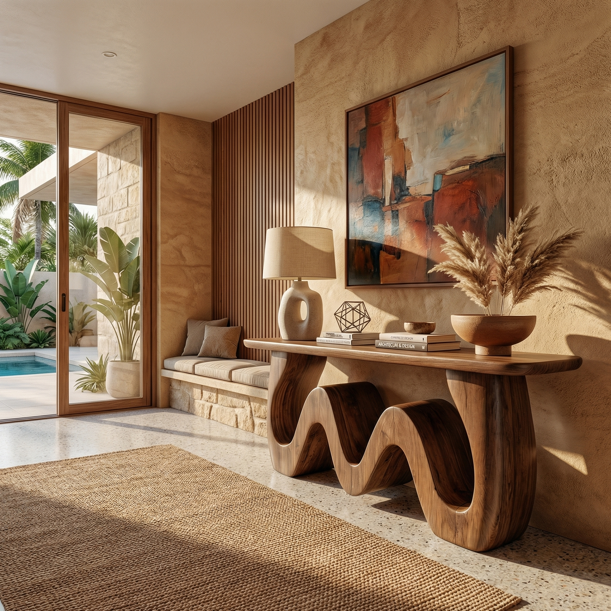 Organic Wave Console Table Solid Wood Bold Sculptural Curve Design Entryway And Living Room SINLKICS559