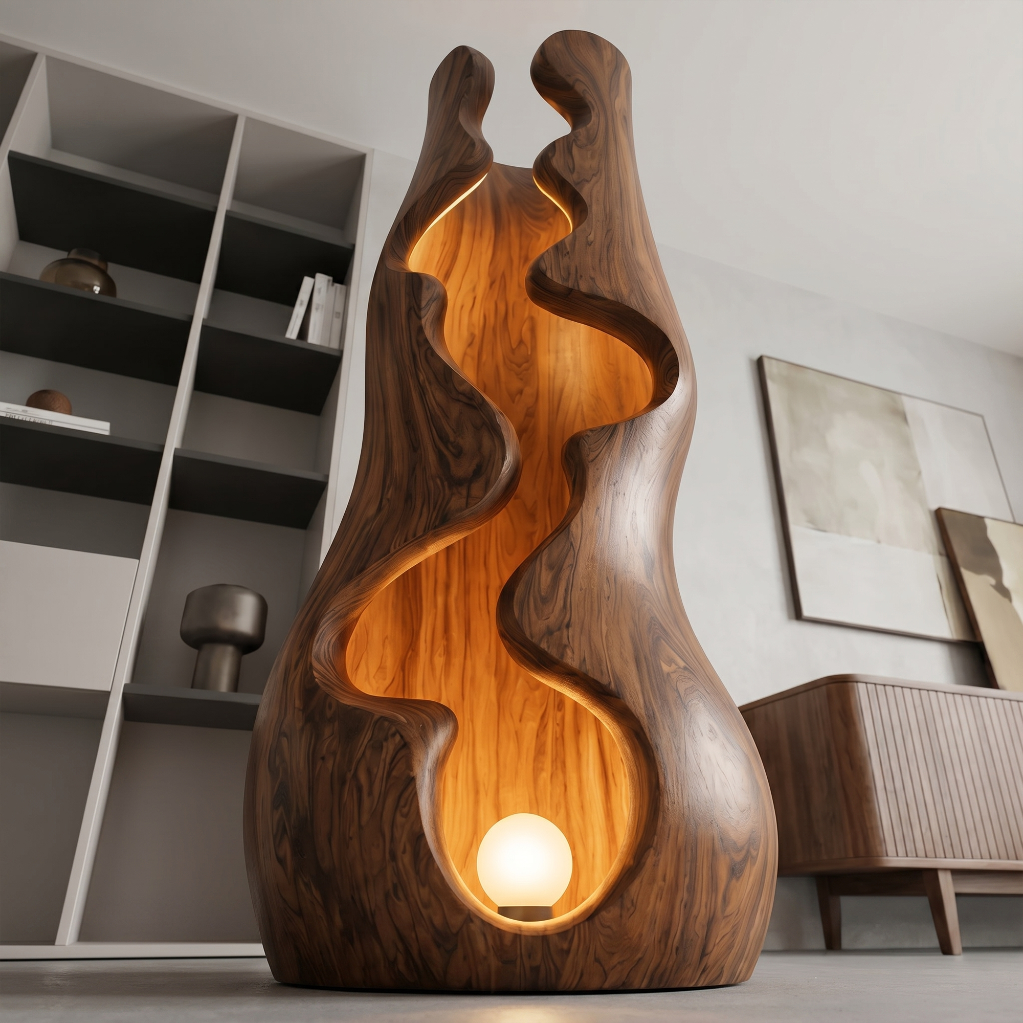 Organic Floor Lamp With Sculptural Wave Wood Design For Living Room And Bedroom SINLKIFLP105
