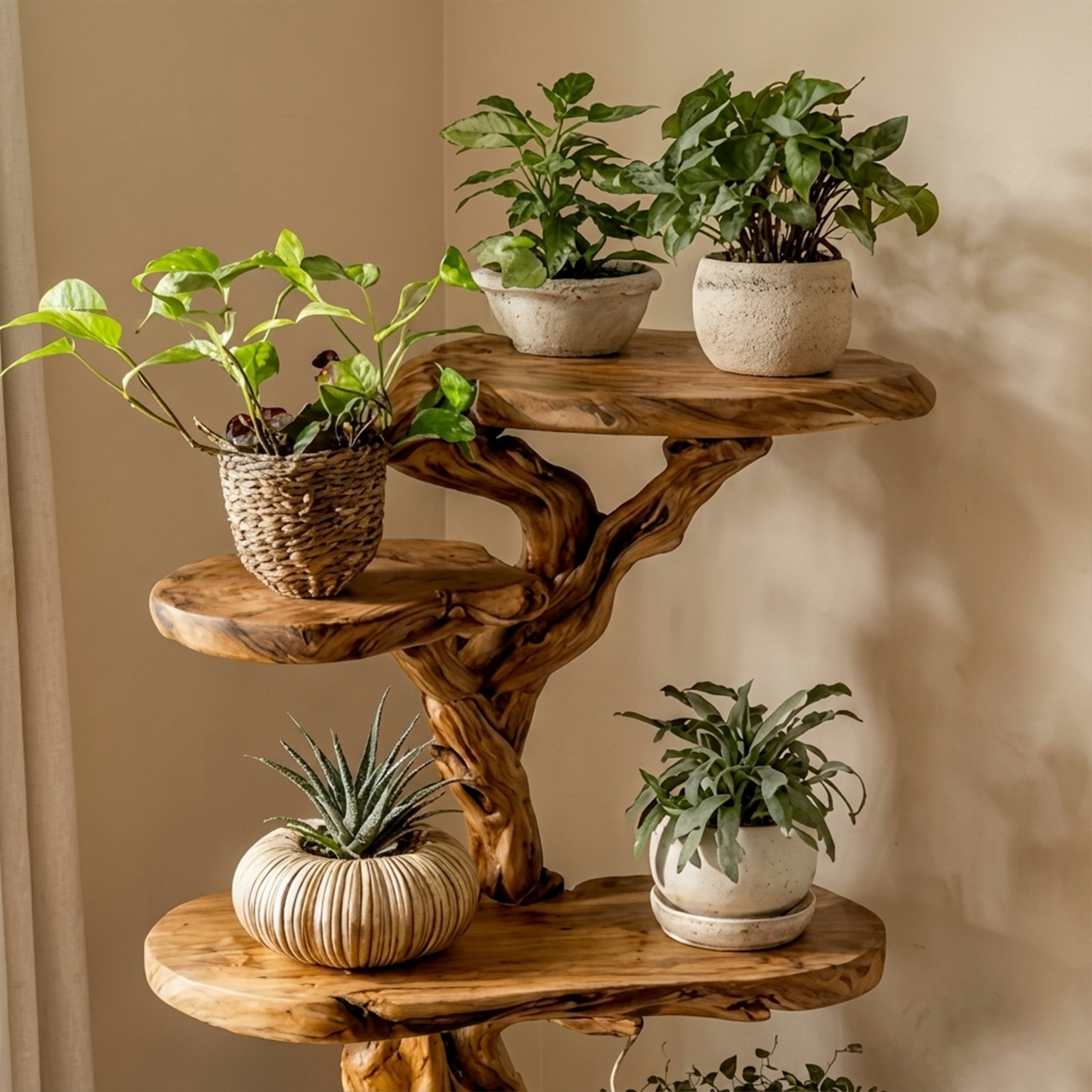 Rustic Tree Plant Shelf Natural Interior Design Home Decor SINLKITT079