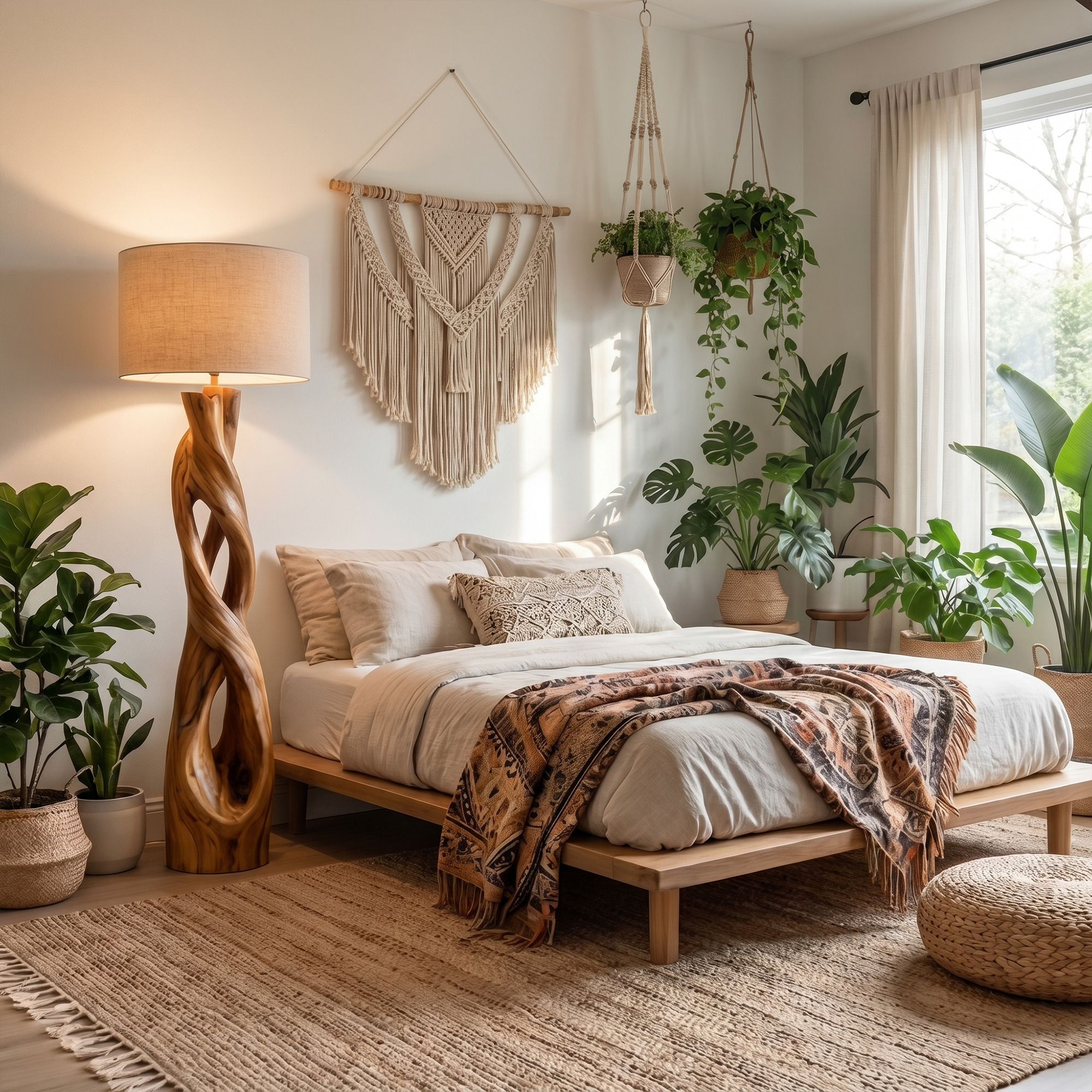 Nature Inspired Floor Lamp With Sculptural Wood Form And Fabric Shade For Living Room SINLKIFLP091