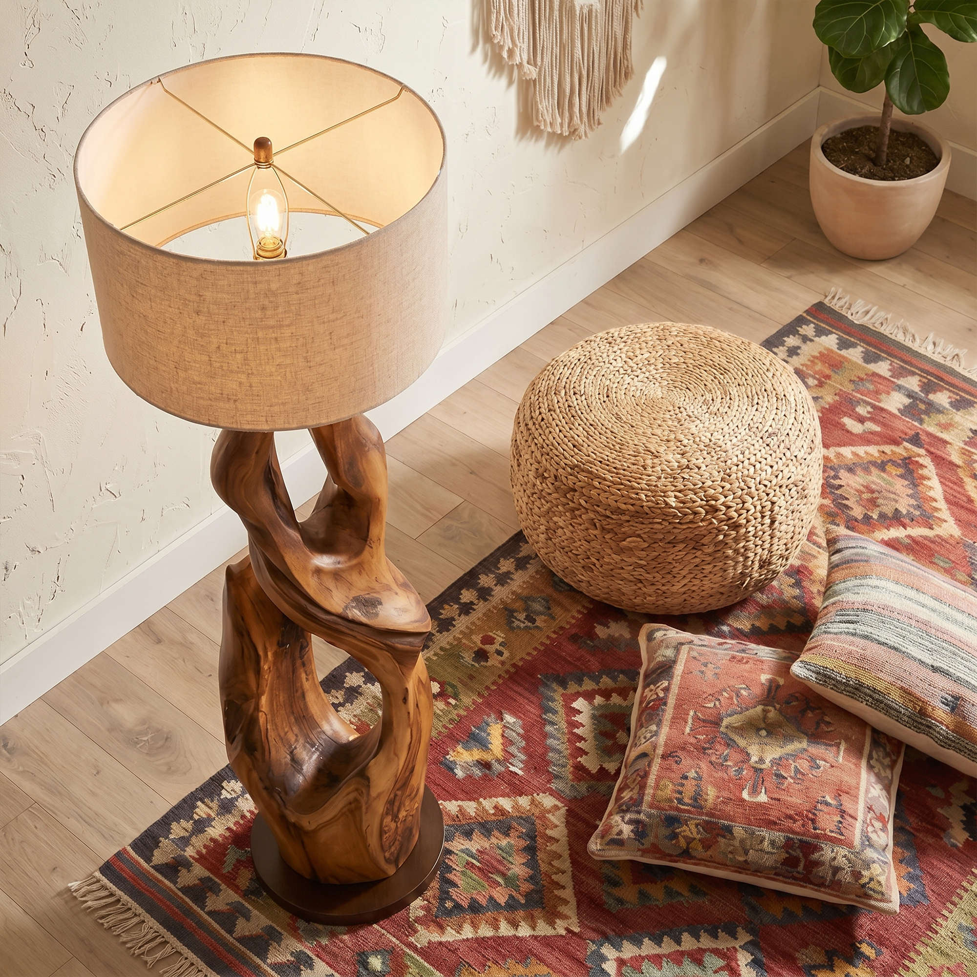 Contemporary Organic Floor Lamp With Artistic Hollow Wood Structure For Living Room SINLKIFLP092