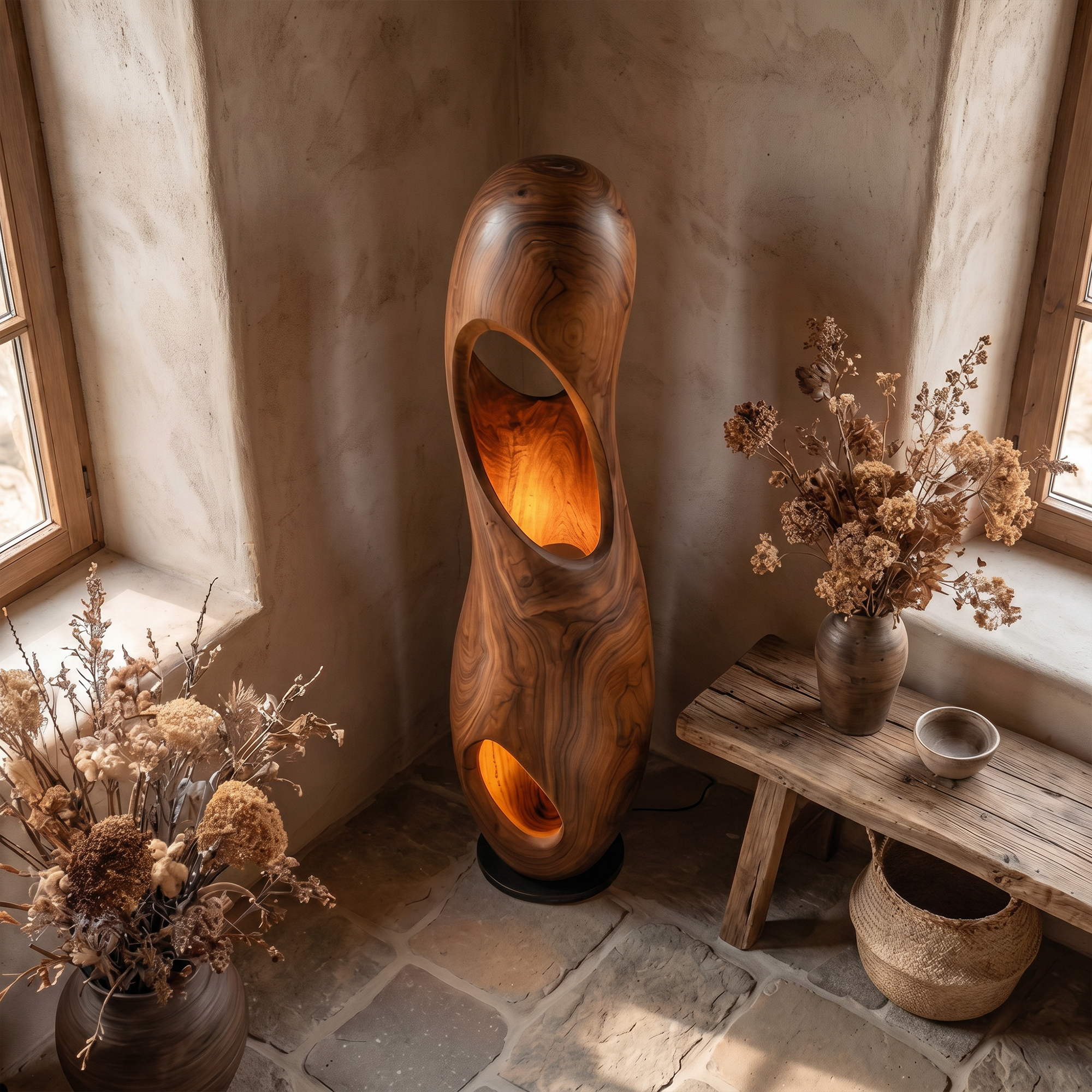 Organic Floor Lamp With Sculptural Hollow Wood Tower Design For Living Room SINLKIFLP093