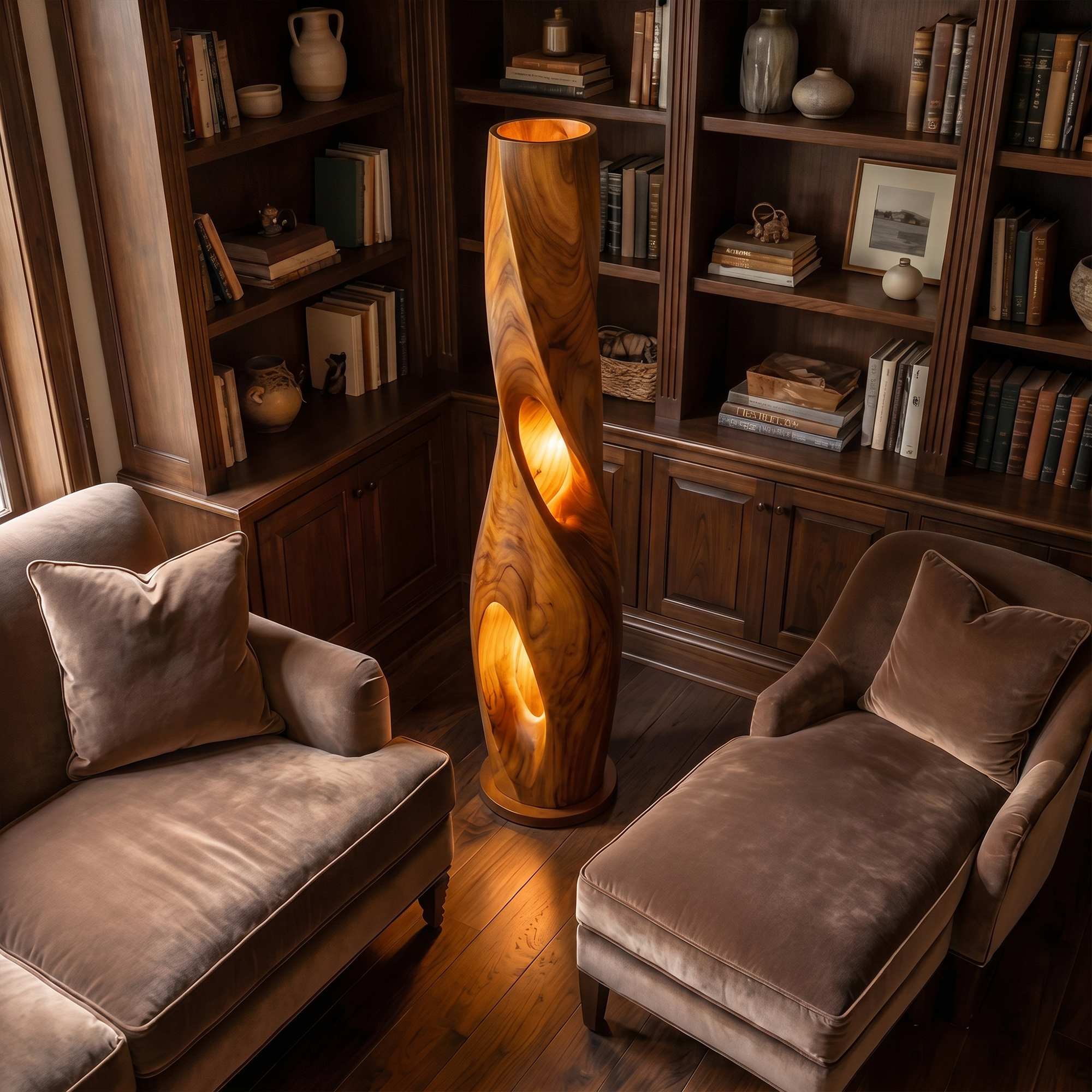 Modern Sculptural Floor Lamp With Hollow Solid Wood Design For Living Room SINLKIFLP095