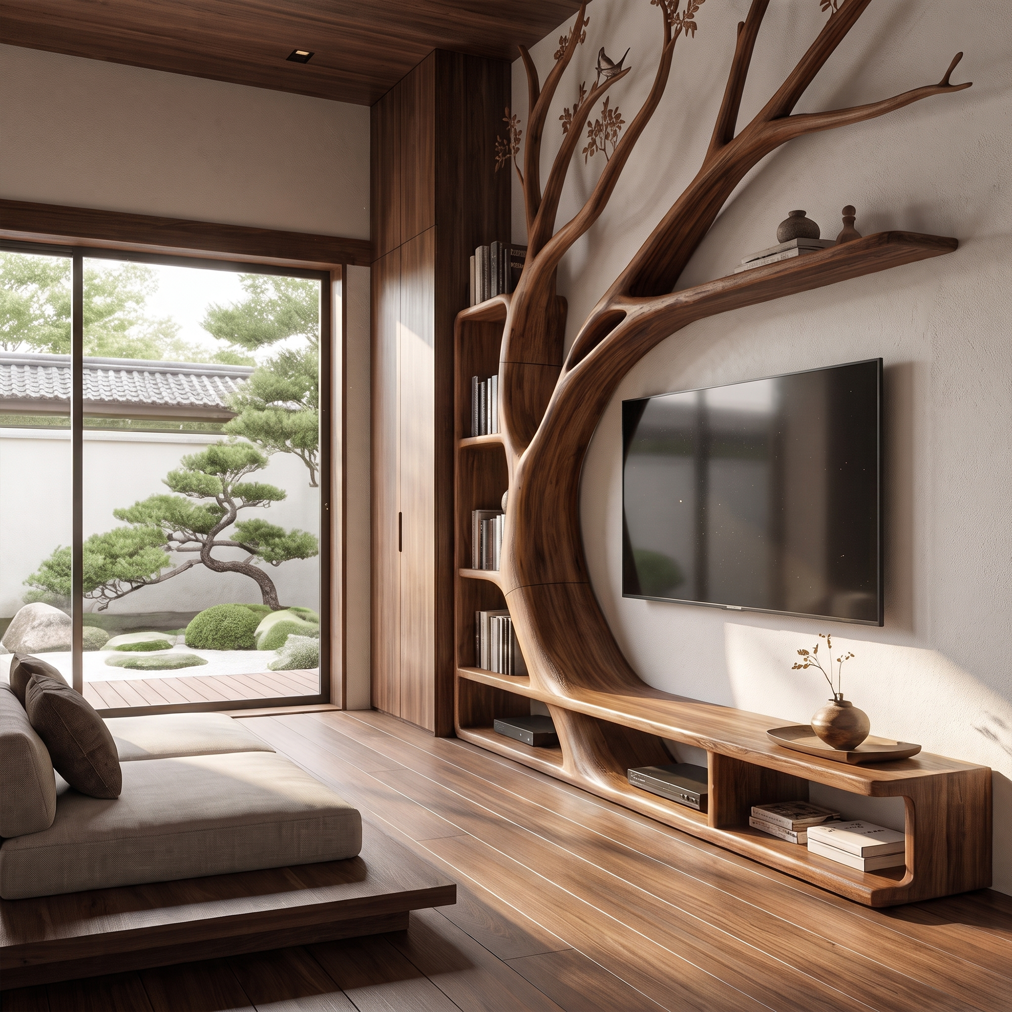 Handcrafted TV Cabinet With Artistic Tree Bookcase For Living Room SINLKITC084