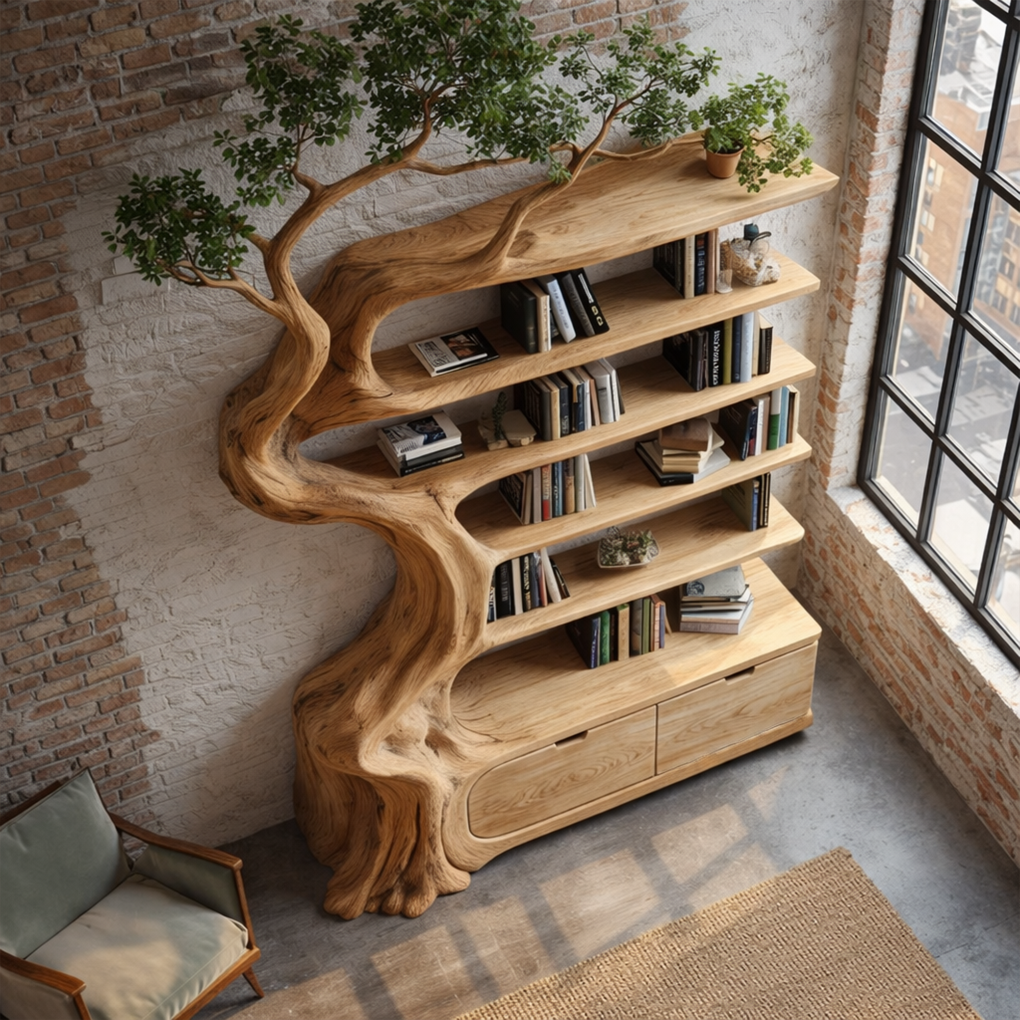 Rustic Tree Bookshelf With Storage Cabinet For Living Room SINLKITB724