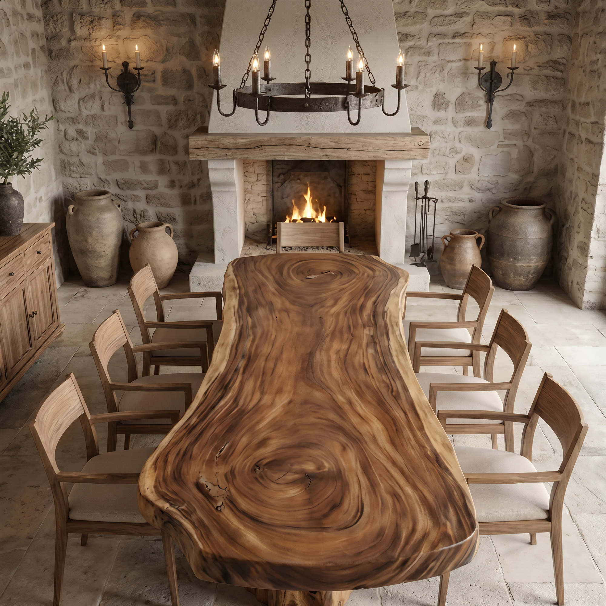Organic Sculptural Dining Table With Live Edge Solid Wood Top And Pedestal Base For Dining Room SINLKIDT185