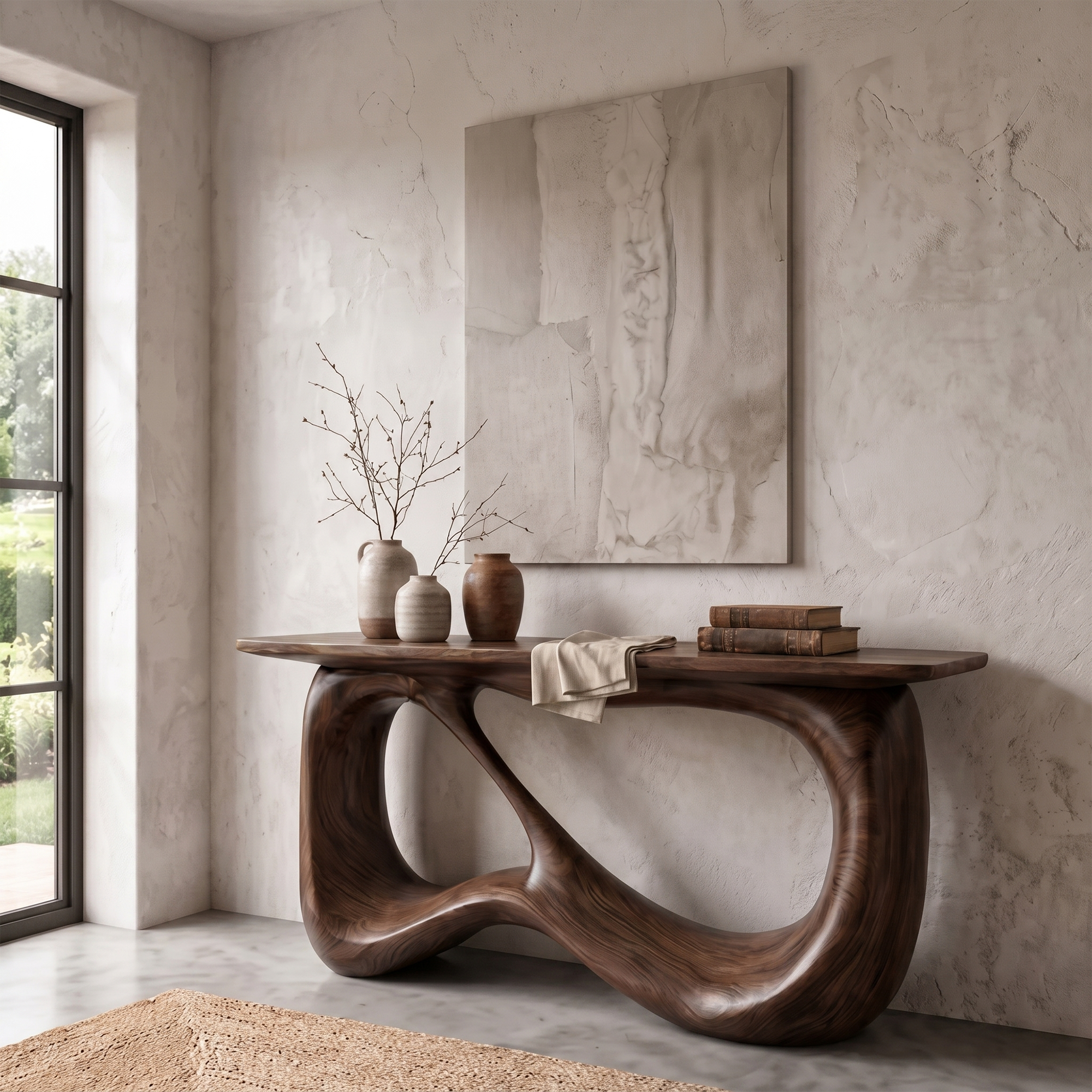 Minimalist Console Table With Flowing Loop Wood Base For Entryway SINLKICS600