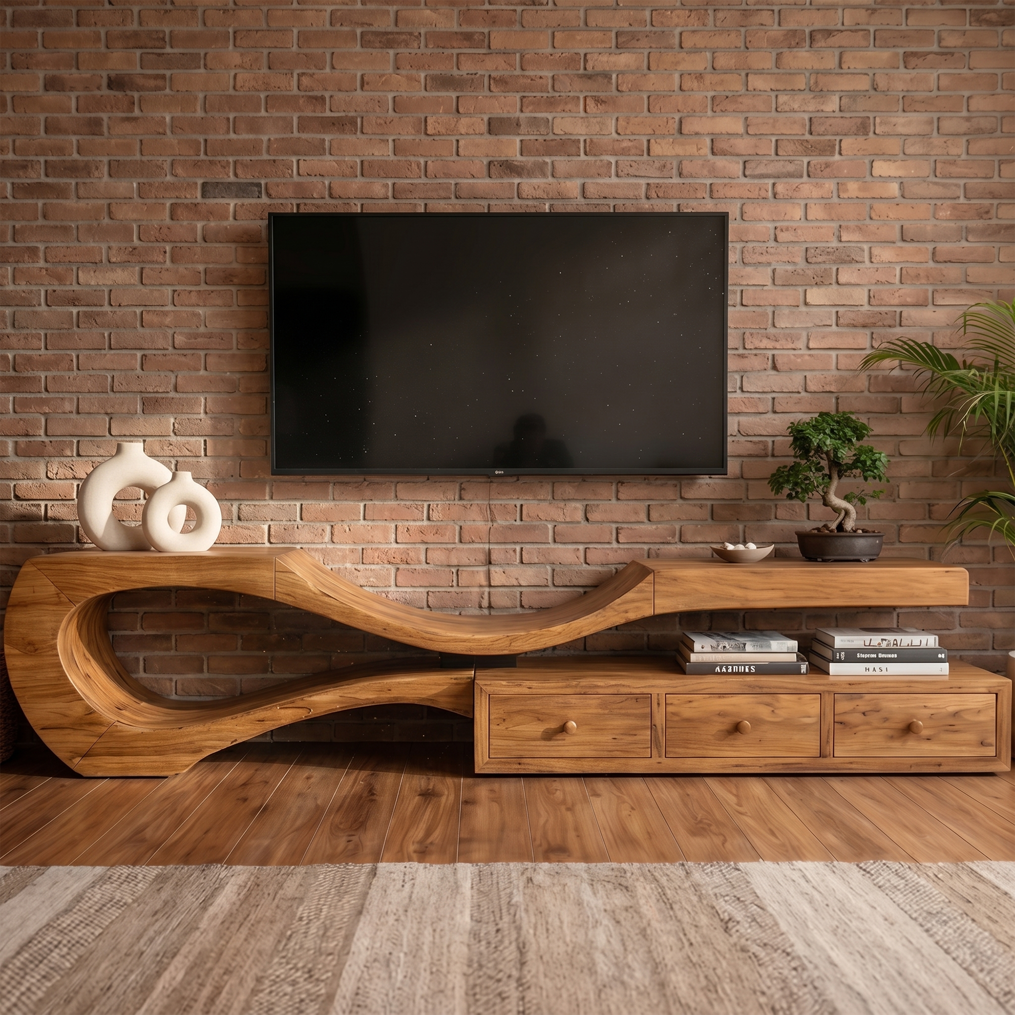 Modern TV Cabinet With Sculptural Curved Wood Base And Built In Storage Drawers For Living Room SINLKITC031