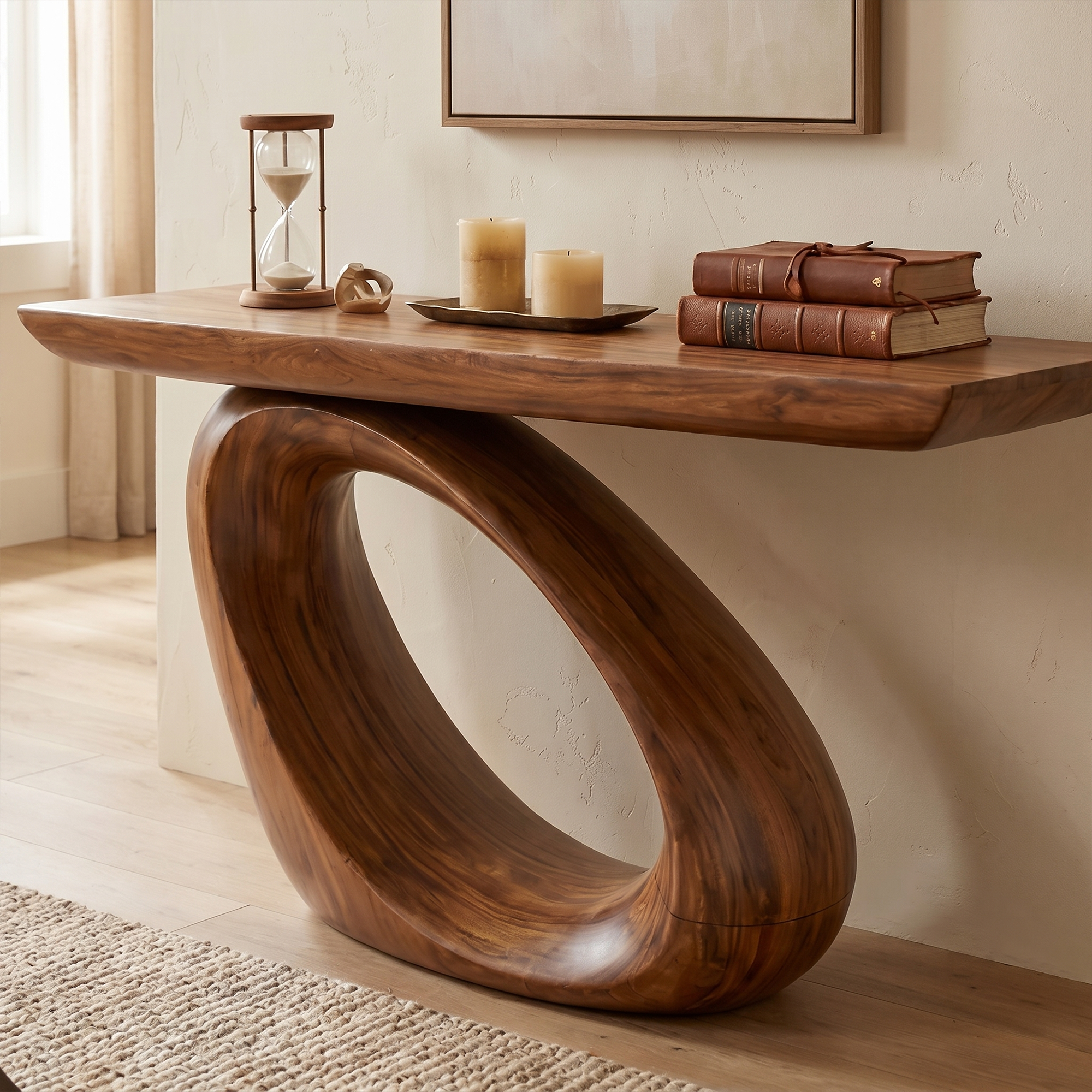 Modern Organic Console Table With Sculptural Loop Pedestal Wood Base For Entryway And Living Room SINLKICS595
