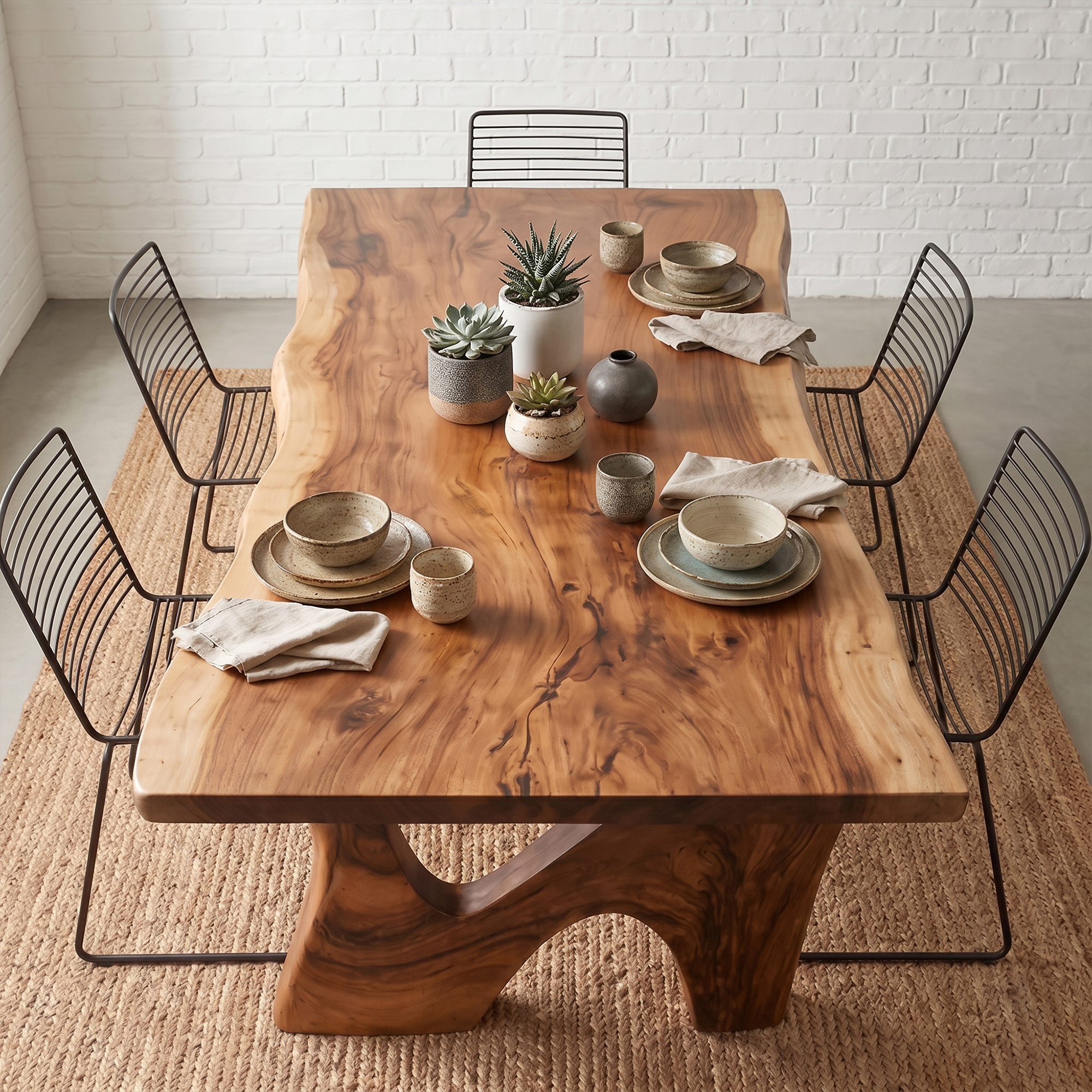 Rustic Modern Dining Table With Solid Wood Top And Sculptural Curved Base For Dining Room SINLKIDT186