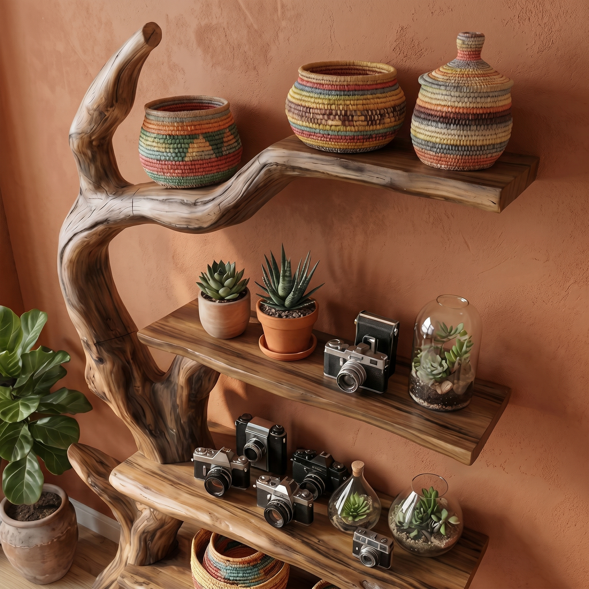 Rustic Tree Bookshelf With Handcrafted Branch Design And Open Display Shelves For Living Room SINLKITB736
